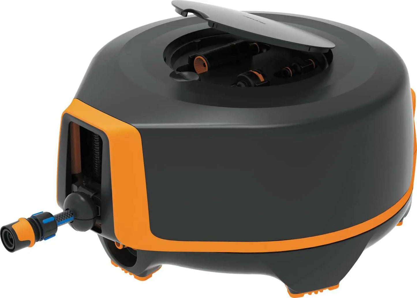 Fiskars Waterwheel S, All-Inclusive-Bewässerungs-Set, 15 m Gesamtreichweite, Gartenschlauch in Universalgröße (Ø 9 mm), Universal-Hahnverbinder, Schwarz/Orange, 1020436