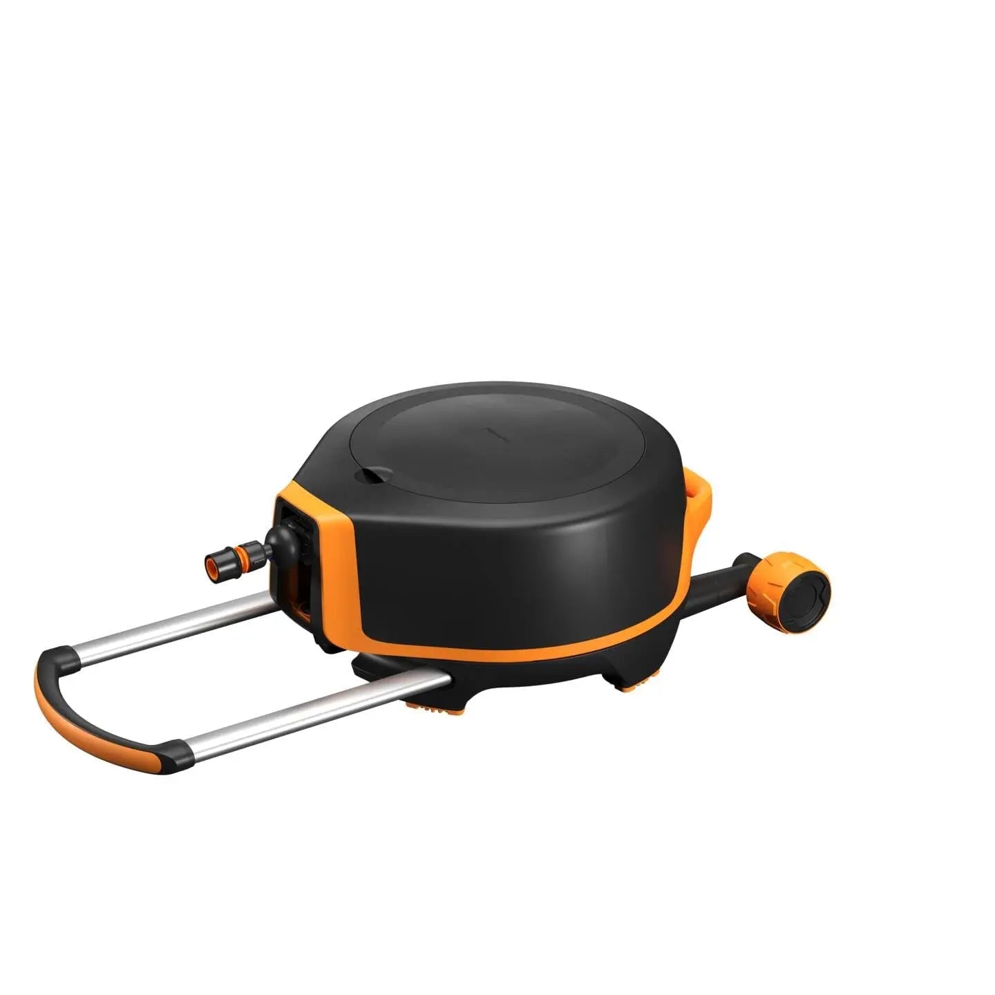 Fiskars Waterwheel S, All-Inclusive-Bewässerungs-Set, 15 m Gesamtreichweite, Gartenschlauch in Universalgröße (Ø 9 mm), Universal-Hahnverbinder, Schwarz/Orange, 1020436