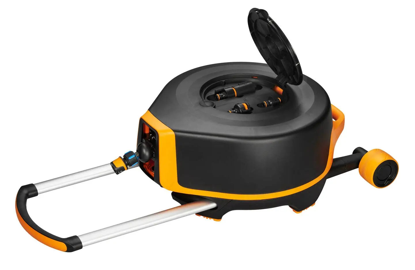 Fiskars Waterwheel S, All-Inclusive-Bewässerungs-Set, 15 m Gesamtreichweite, Gartenschlauch in Universalgröße (Ø 9 mm), Universal-Hahnverbinder, Schwarz/Orange, 1020436