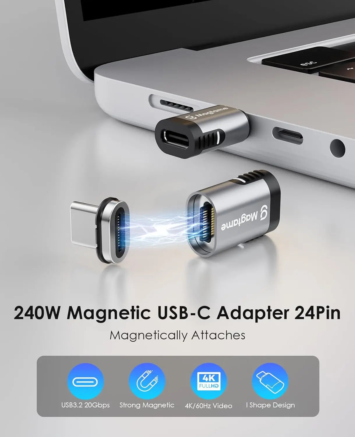 240W Magnetisch USB C Adapter, Typ-C Magnet Adapter 24 Pin mit PD Schnellladung, 20Gbps Datenübertragung, 4K@60Hz Video für MacBook/iPhone 15/ROG Ally/Steam Deck/PS5 PSVR2/PS Portal, Gerade