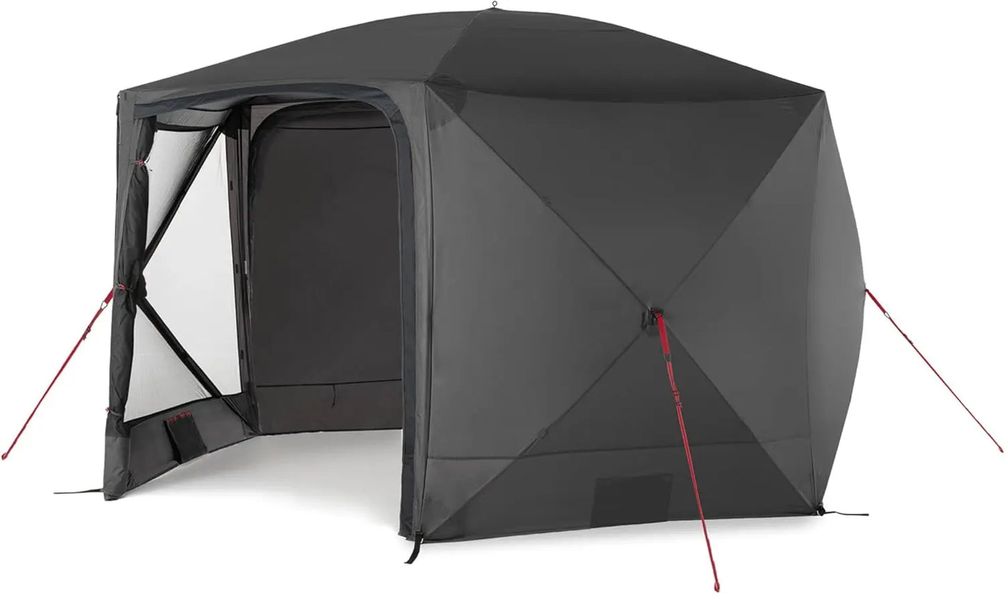 qeedo faltbares Schnell-Aufbau Pavillon mit UV-Schutz, wasserabweisend (3,7 x 2,2 m) inkl. Sturmleinen & Stahl-Heringe, Camping Vorzelt Event Shelter - Quick Hub Hex