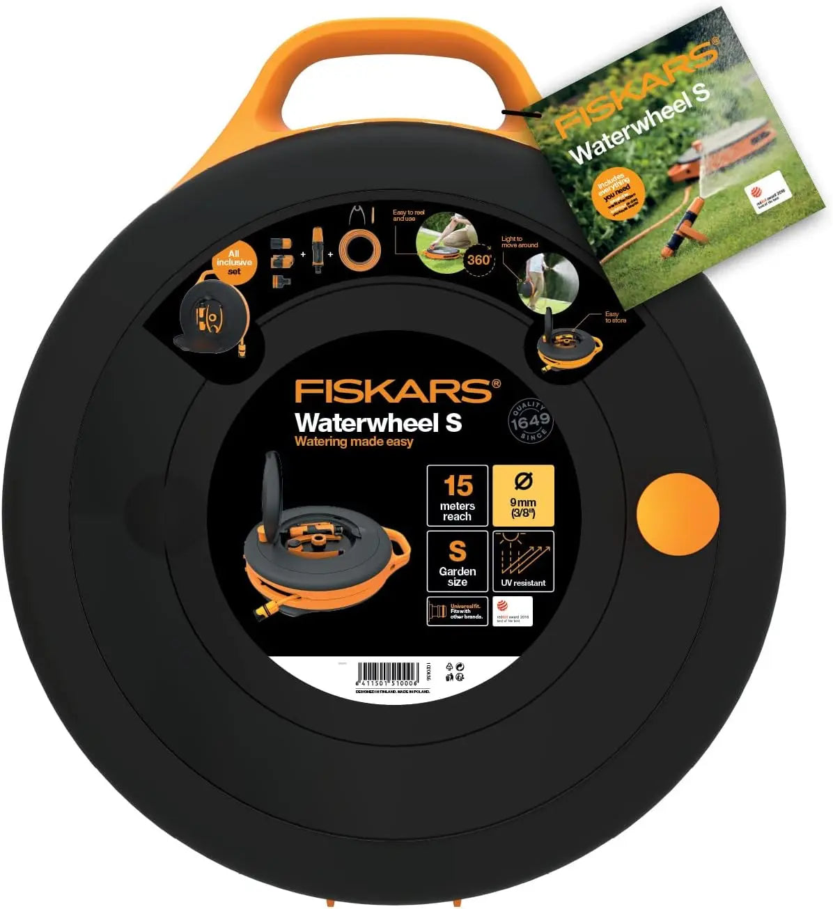 Fiskars Waterwheel S, All-Inclusive-Bewässerungs-Set, 15 m Gesamtreichweite, Gartenschlauch in Universalgröße (Ø 9 mm), Universal-Hahnverbinder, Schwarz/Orange, 1020436
