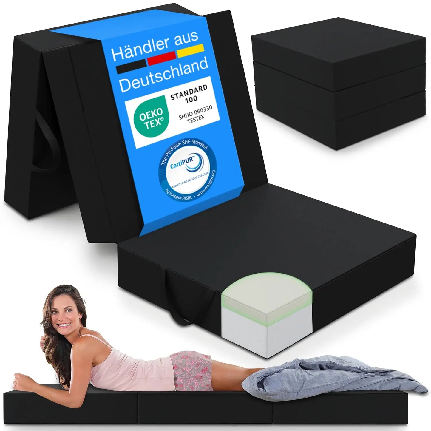 Premium Visco Klappmatratze 120x200 cm, extra hoch 15 cm, Gästematratze klappbar, Faltmatratze, Faltbare Matratze, Bandscheibenwürfel, Reisematratze, Gästebett klappbar, Klappbett waschbar