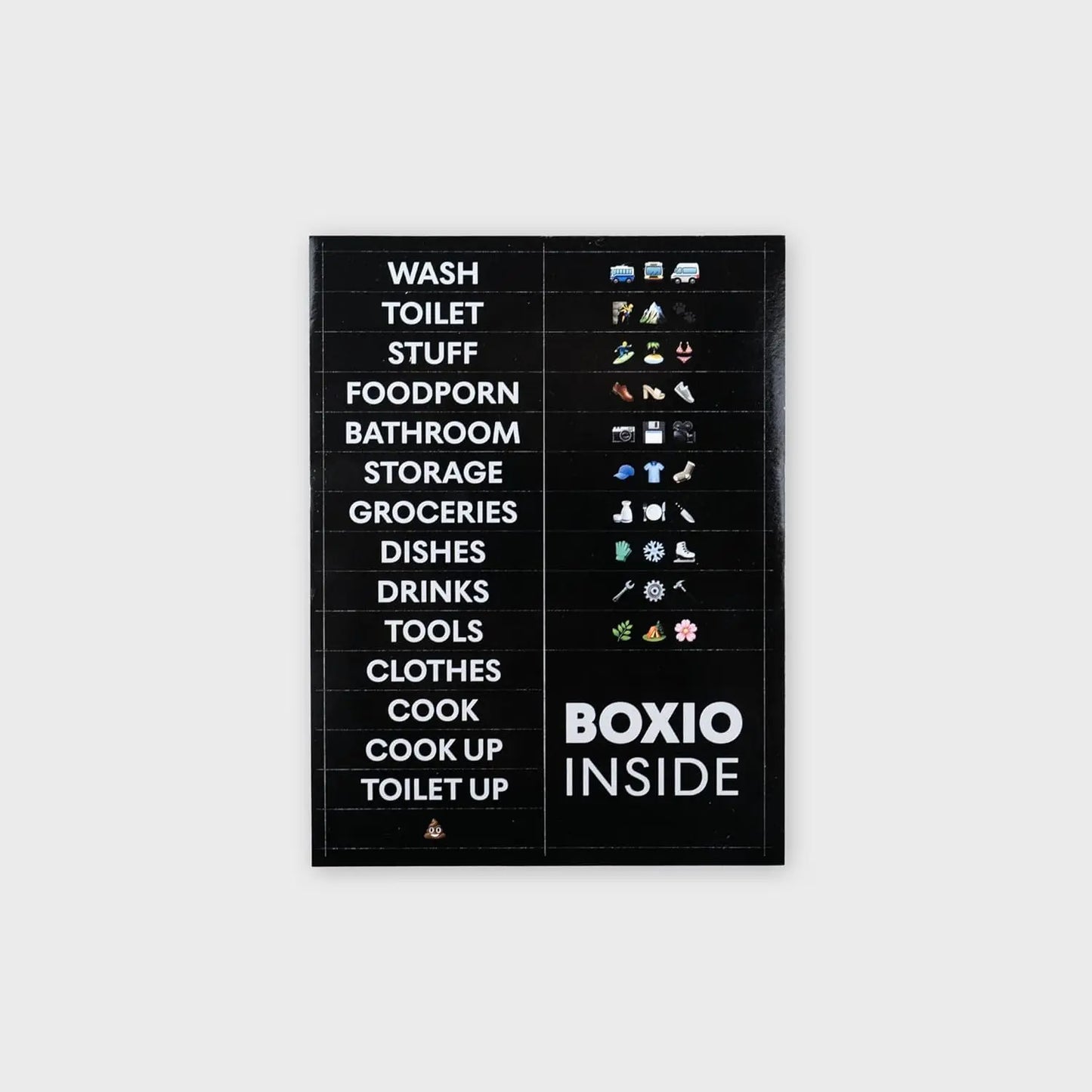 BOXIO - Stickers: 26 Wetterfeste selbstklebende Etiketten für BOXIO Toilet, Wash, Cook, Solo perfekt als Organizer für Camping, Outdoor, Haushalt - Wasserfest, Fotosticker, Labels, Aufkleber