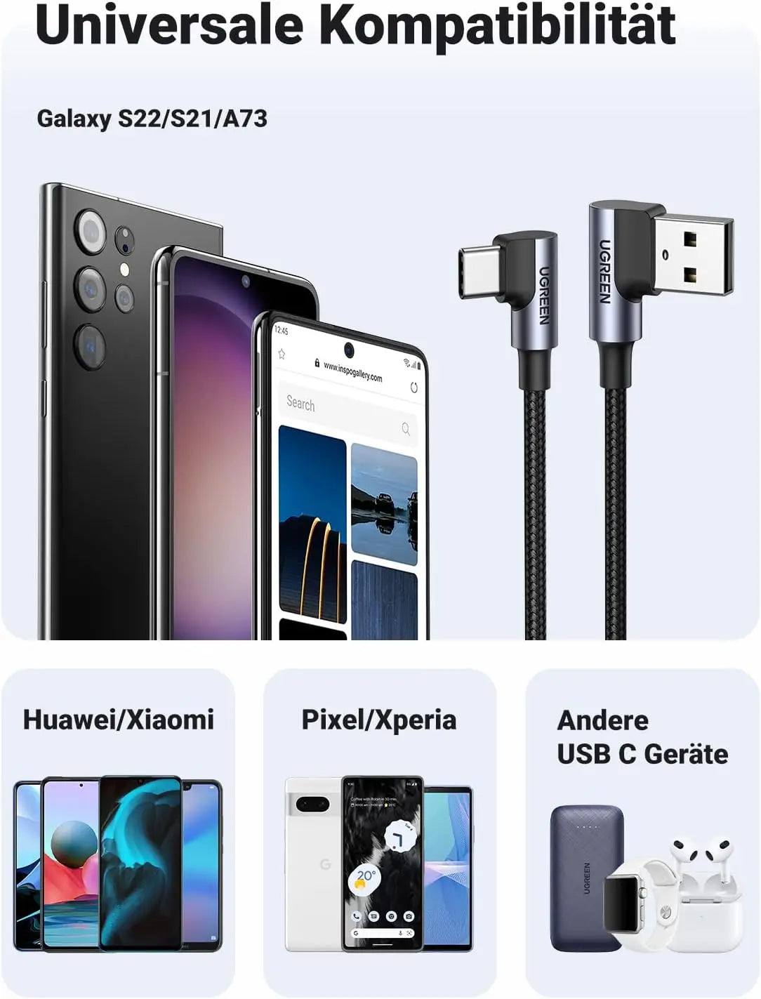 UGREEN USB C Ladekabel Winkel USB C Kabel gewinkelt Nylon USB auf USB C Kabel kompatibel mit Galaxy S24/S24+/S23/S22/A73/A53 P30 Lite Redmi 10 iPhone 15/15 Pro/15 Pro Max(1M)