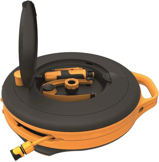 Fiskars Waterwheel S, All-Inclusive-Bewässerungs-Set, 15 m Gesamtreichweite, Gartenschlauch in Universalgröße (Ø 9 mm), Universal-Hahnverbinder, Schwarz/Orange, 1020436