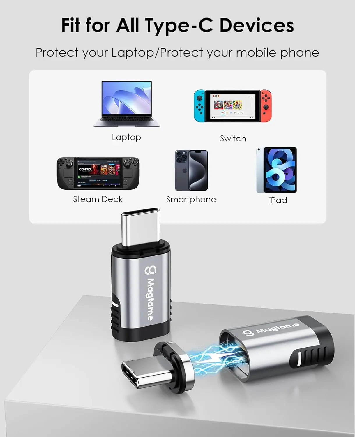 240W Magnetisch USB C Adapter, Typ-C Magnet Adapter 24 Pin mit PD Schnellladung, 20Gbps Datenübertragung, 4K@60Hz Video für MacBook/iPhone 15/ROG Ally/Steam Deck/PS5 PSVR2/PS Portal, Gerade