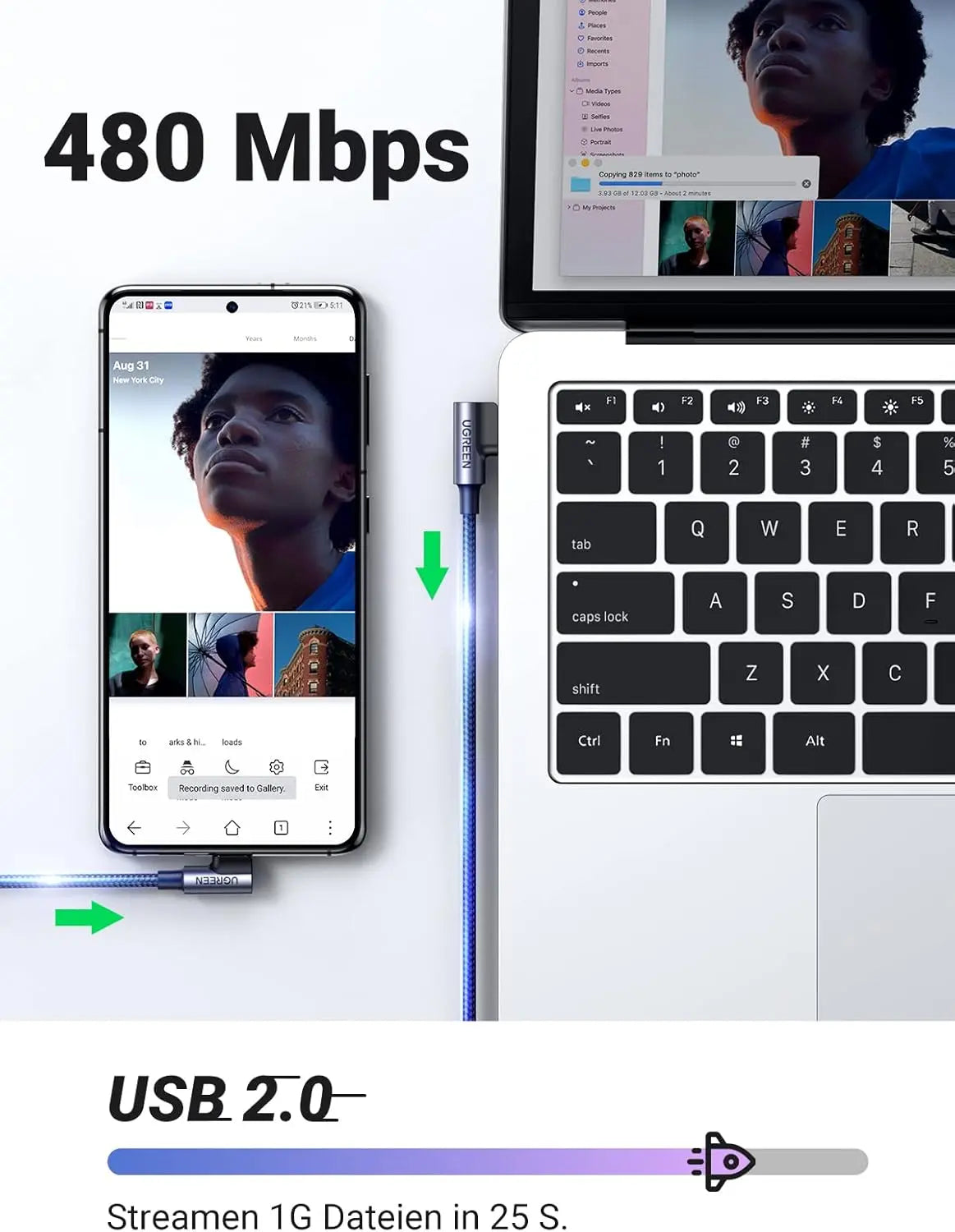 UGREEN USB C Ladekabel Winkel USB C Kabel gewinkelt Nylon USB auf USB C Kabel kompatibel mit Galaxy S24/S24+/S23/S22/A73/A53 P30 Lite Redmi 10 iPhone 15/15 Pro/15 Pro Max(1M)