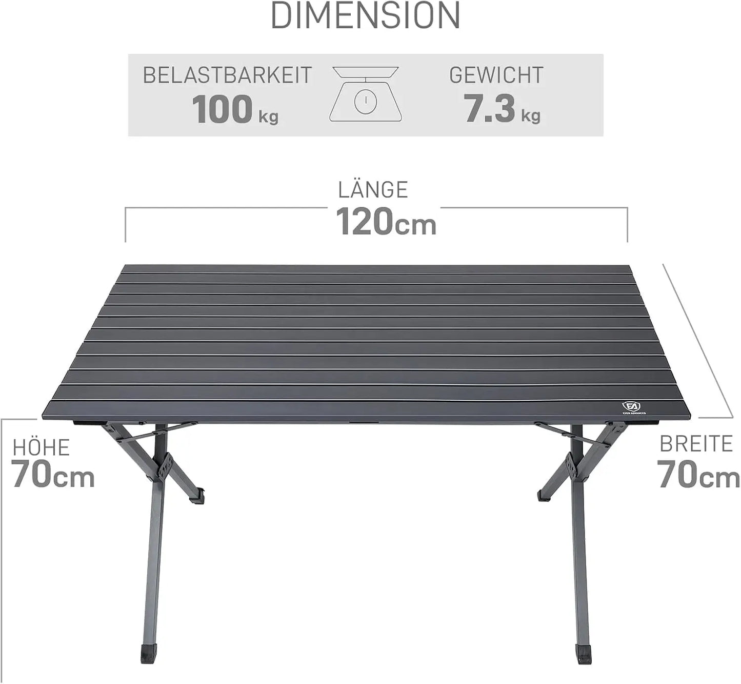 EVER ADVANCED Campingtisch Klappbar Aluminium 120X70CM Klapptisch 100KG Belastbar Aufrollbarer Tischplatte für 4-6 Personen, Falttisch mit Tragetasche für Camping Picknick Garten Balkon, Dunkelgrau