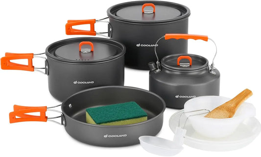 Odoland Camping Geschirr Set 15 Teilig, Outdoor Kochgeschirr Set mit 2 Topfe, Bratpfanne und Wasserkocher Camping Kochtopf Set, Kochgeschirr Aluminium für 4-5 Personen