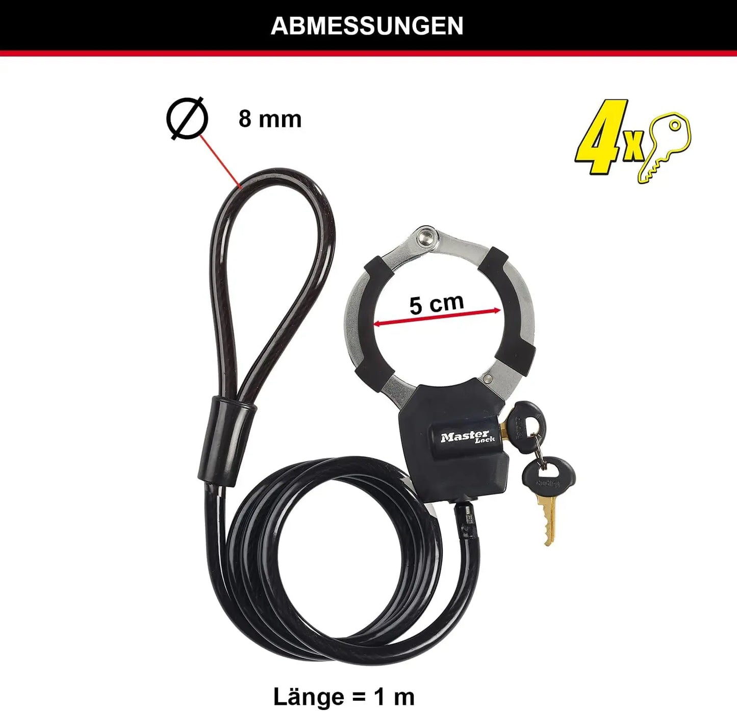 Master Lock Kabelschloss mit Schlüssel, 1 m, Ideal für Scooter Roller, Fahrrad, Kinderwagen, Sportausrüstung, Schwarz