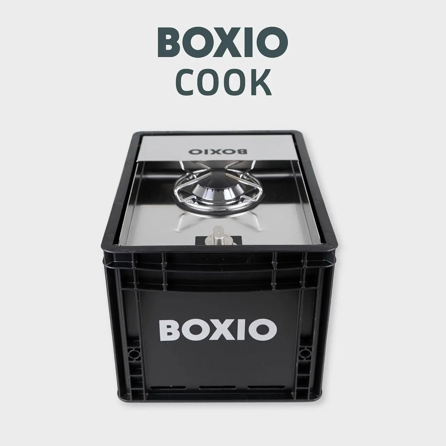 BOXIO - COOK: Edelstahl All-in-One Campingkocher mit Stauraum & Windschutz, Gaskartuschen Campingkocher für Camping, Outdoor, Vanlife & als Kartuschenkocher im mobilen Verkaufsstand auf dem Markt