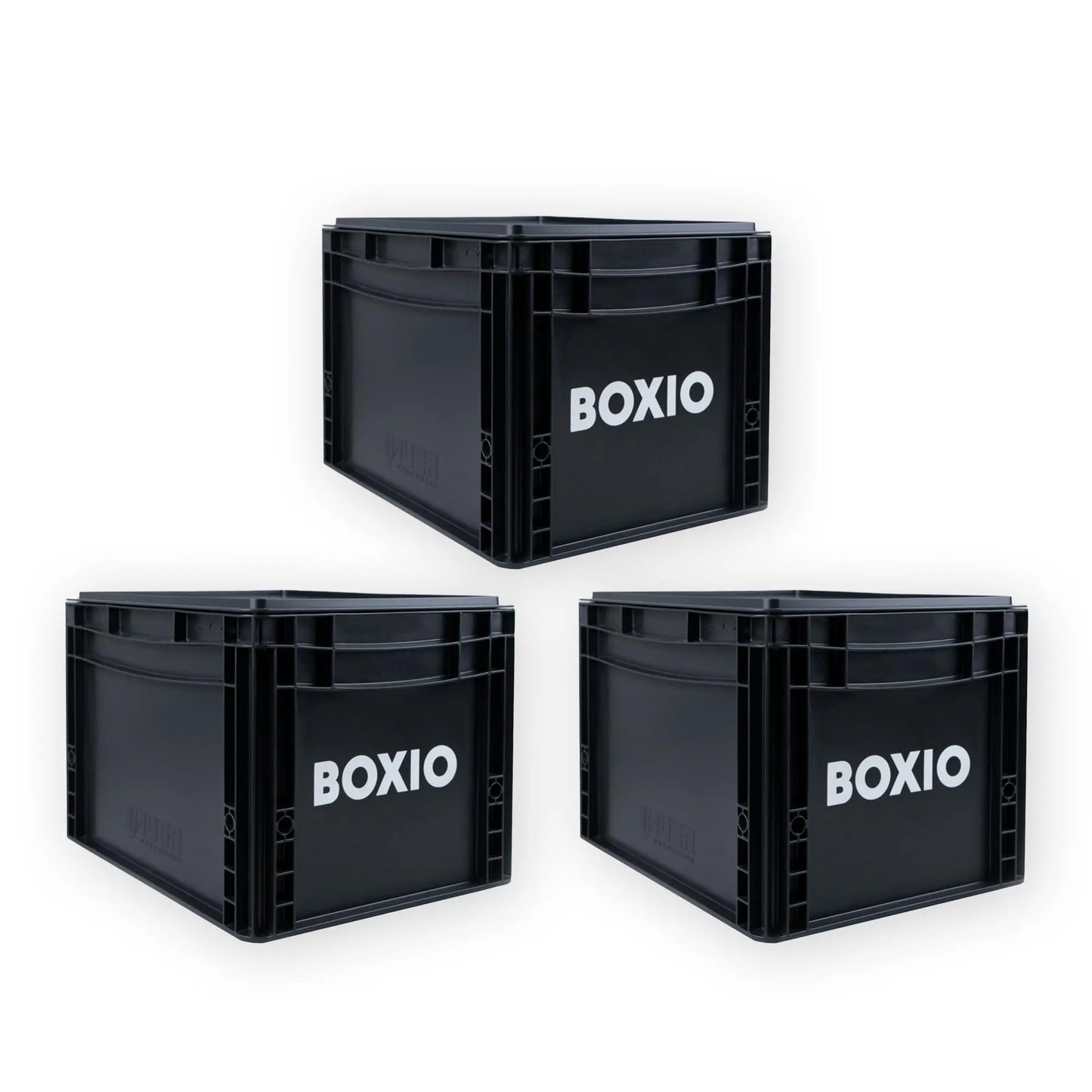 BOXIO - SOLO UP: Aufbewahrungsbox 40x30x12 cm - Eurobox - perfekte Plastikbox, Transportkiste, Kiste, Stapelbox für Camping, Keller oder Garten - Schwarz, stapelbar mit anderen Euroboxen