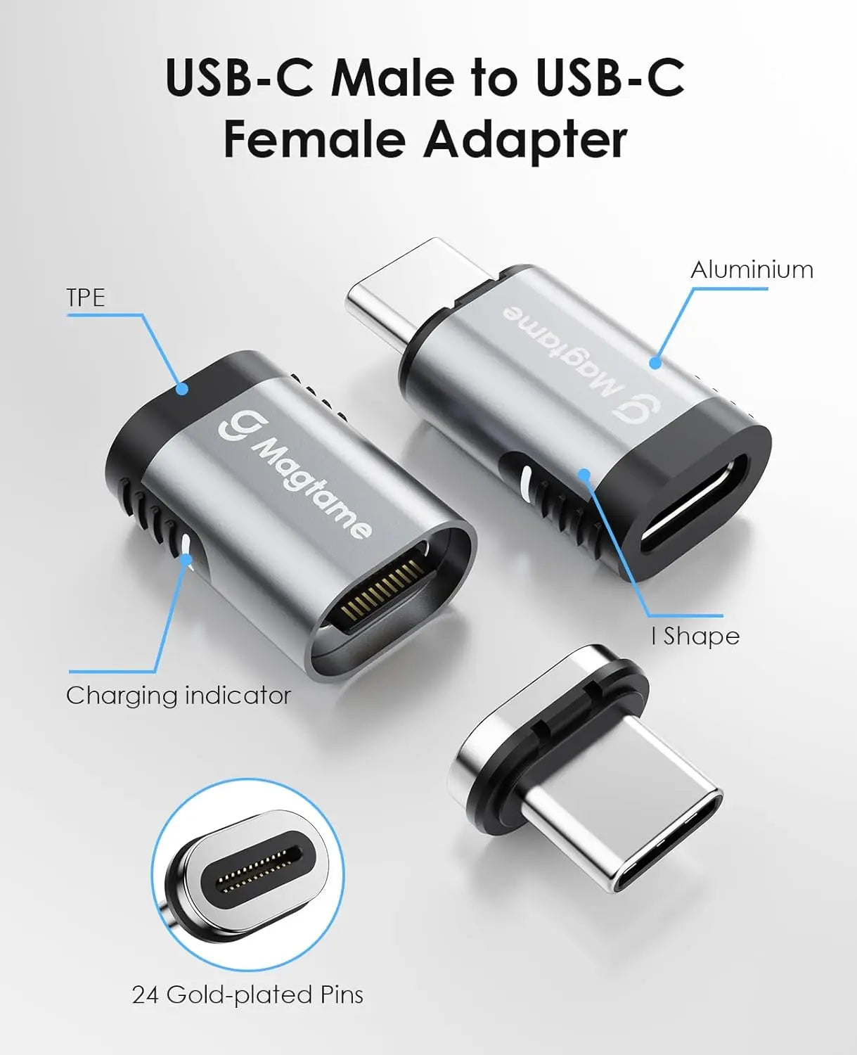 240W Magnetisch USB C Adapter, Typ-C Magnet Adapter 24 Pin mit PD Schnellladung, 20Gbps Datenübertragung, 4K@60Hz Video für MacBook/iPhone 15/ROG Ally/Steam Deck/PS5 PSVR2/PS Portal, Gerade