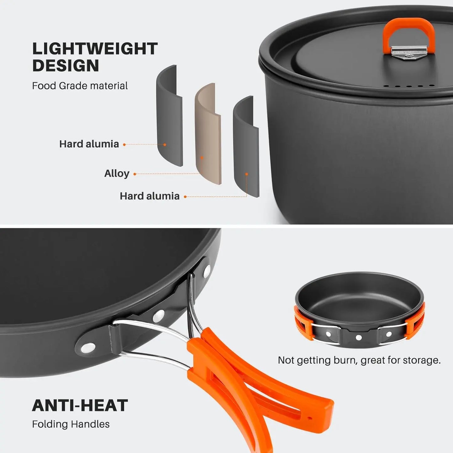 Odoland Camping Geschirr Set 15 Teilig, Outdoor Kochgeschirr Set mit 2 Topfe, Bratpfanne und Wasserkocher Camping Kochtopf Set, Kochgeschirr Aluminium für 4-5 Personen