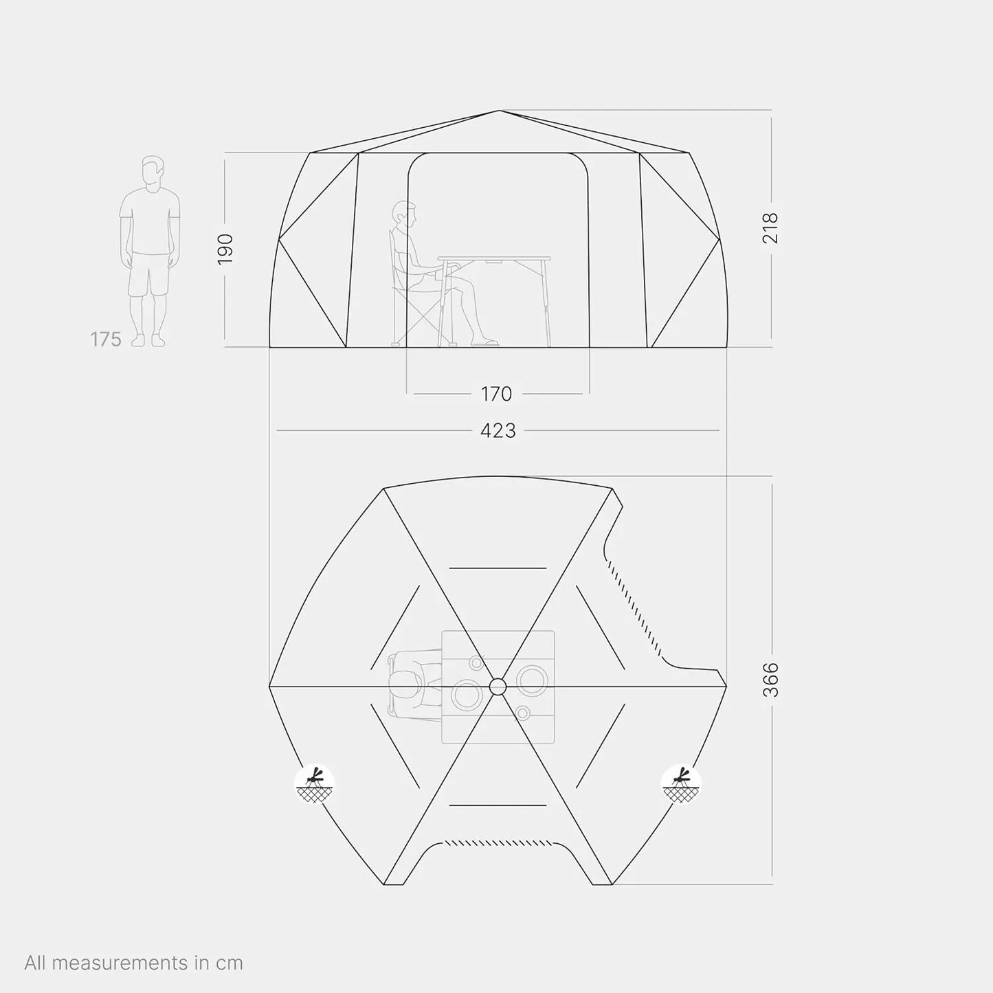 qeedo faltbares Schnell-Aufbau Pavillon mit UV-Schutz, wasserabweisend (3,7 x 2,2 m) inkl. Sturmleinen & Stahl-Heringe, Camping Vorzelt Event Shelter - Quick Hub Hex