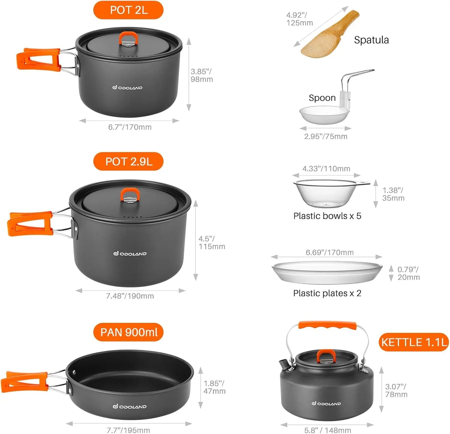 Odoland Camping Geschirr Set 15 Teilig, Outdoor Kochgeschirr Set mit 2 Topfe, Bratpfanne und Wasserkocher Camping Kochtopf Set, Kochgeschirr Aluminium für 4-5 Personen