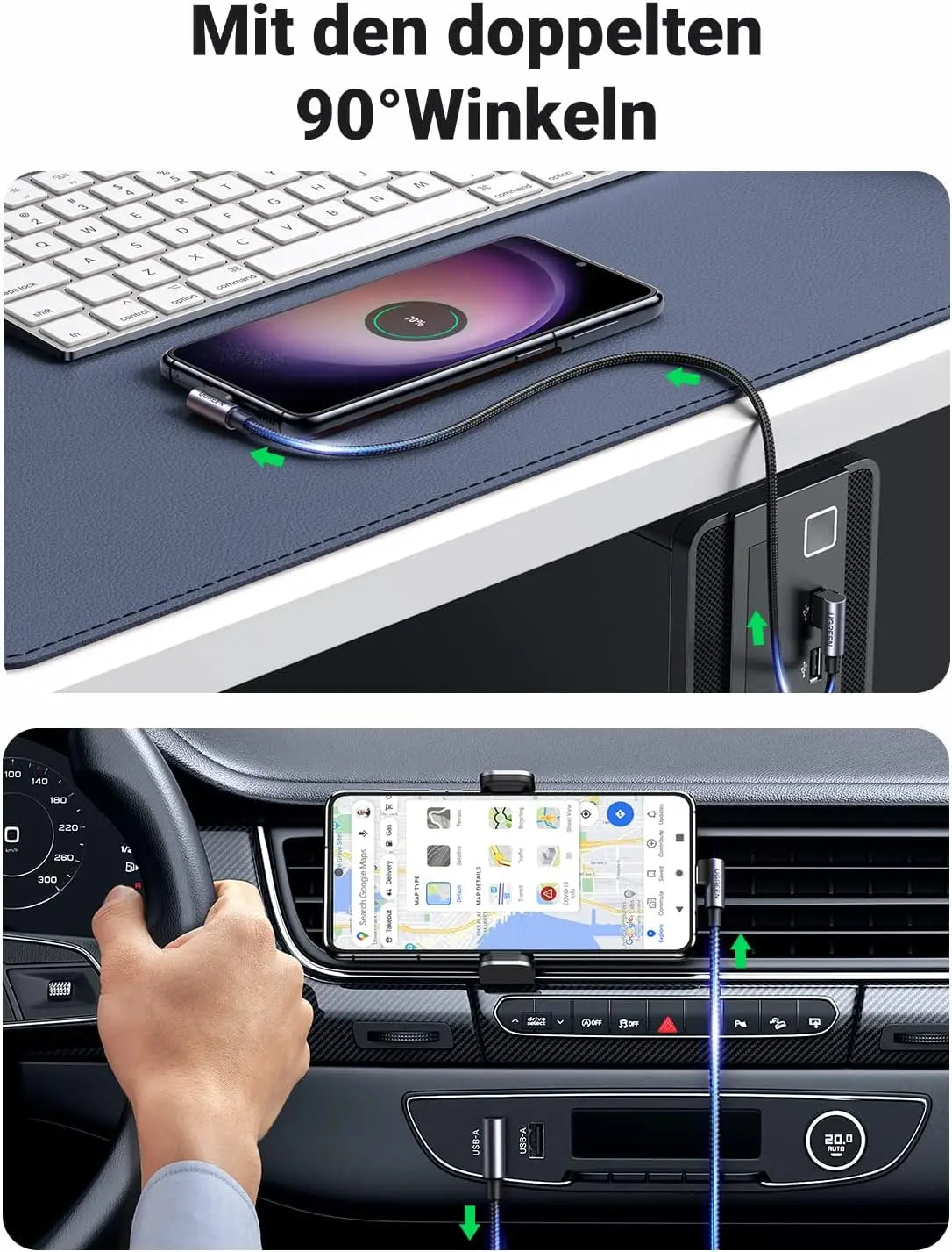 UGREEN USB C Ladekabel Winkel USB C Kabel gewinkelt Nylon USB auf USB C Kabel kompatibel mit Galaxy S24/S24+/S23/S22/A73/A53 P30 Lite Redmi 10 iPhone 15/15 Pro/15 Pro Max(1M)