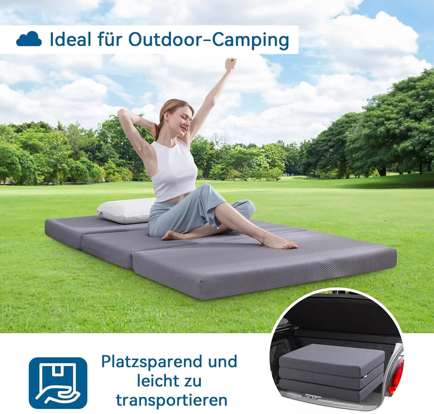 Amazon Basics Faltbare Memoryschaum Gästematratze mit Bezug, Mittel Fest, 120 x 195 x 10 cm, Grau