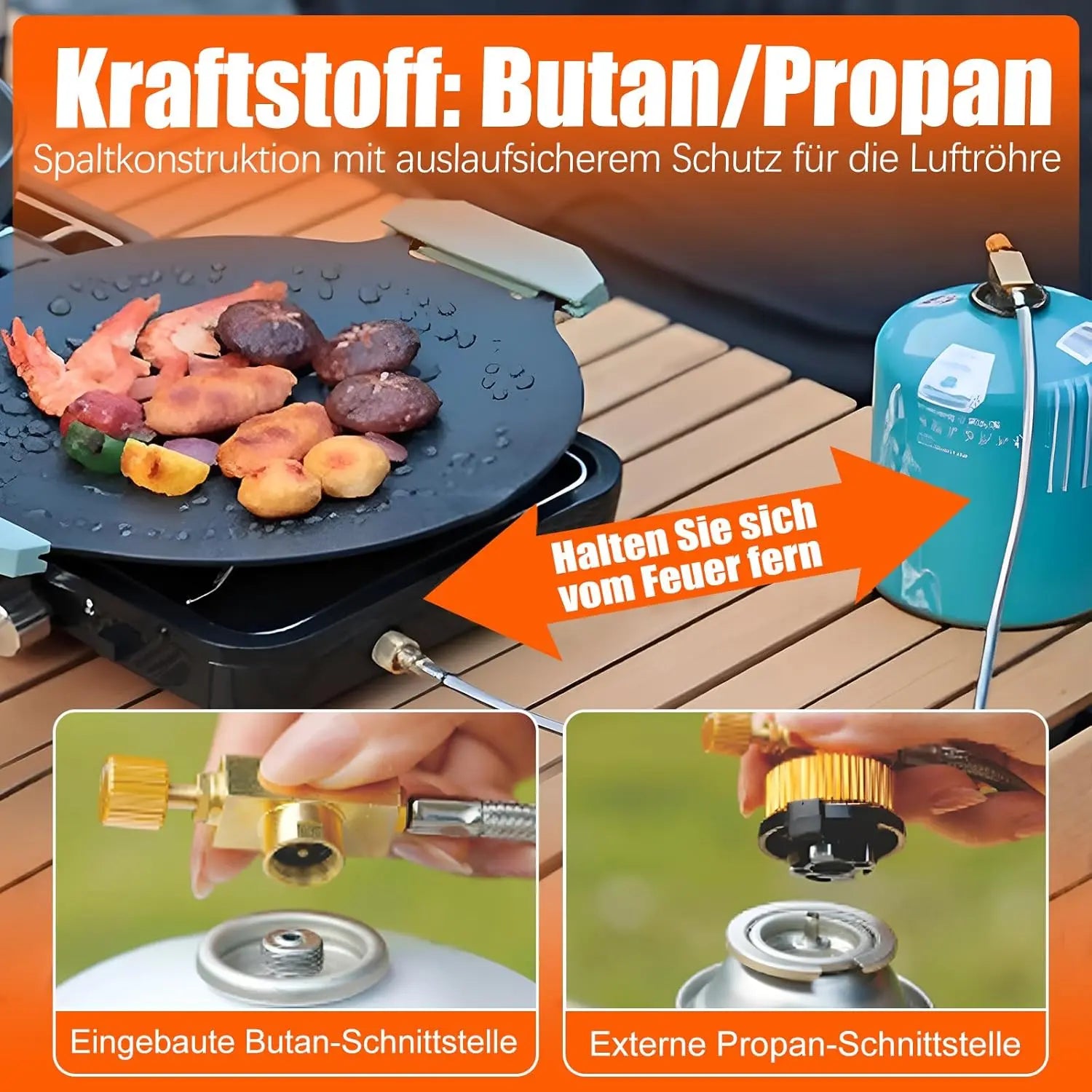 Hengriacly Campingkocher, Collapsible & Tragbare, Gaskocher 2 Flammig mit Piezo-Zündung, inkl. Grillplatte & Gasschlauch, für Outdoor BBQ, Wandern & Notfälle, Butan