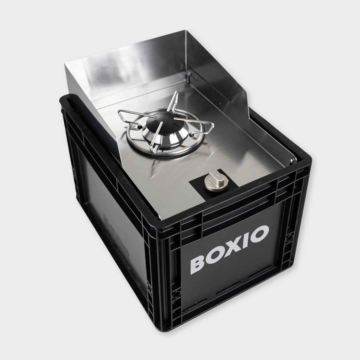 BOXIO - COOK: Edelstahl All-in-One Campingkocher mit Stauraum & Windschutz, Gaskartuschen Campingkocher für Camping, Outdoor, Vanlife & als Kartuschenkocher im mobilen Verkaufsstand auf dem Markt