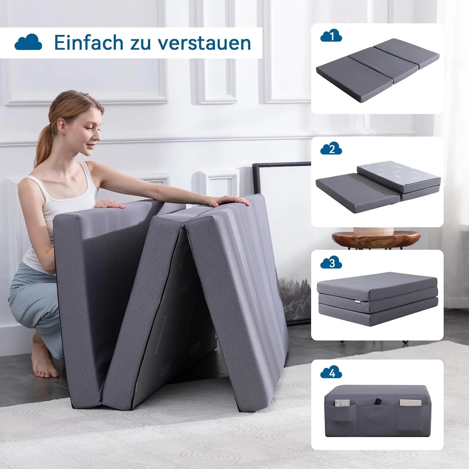 Amazon Basics Faltbare Memoryschaum Gästematratze mit Bezug, Mittel Fest, 120 x 195 x 10 cm, Grau