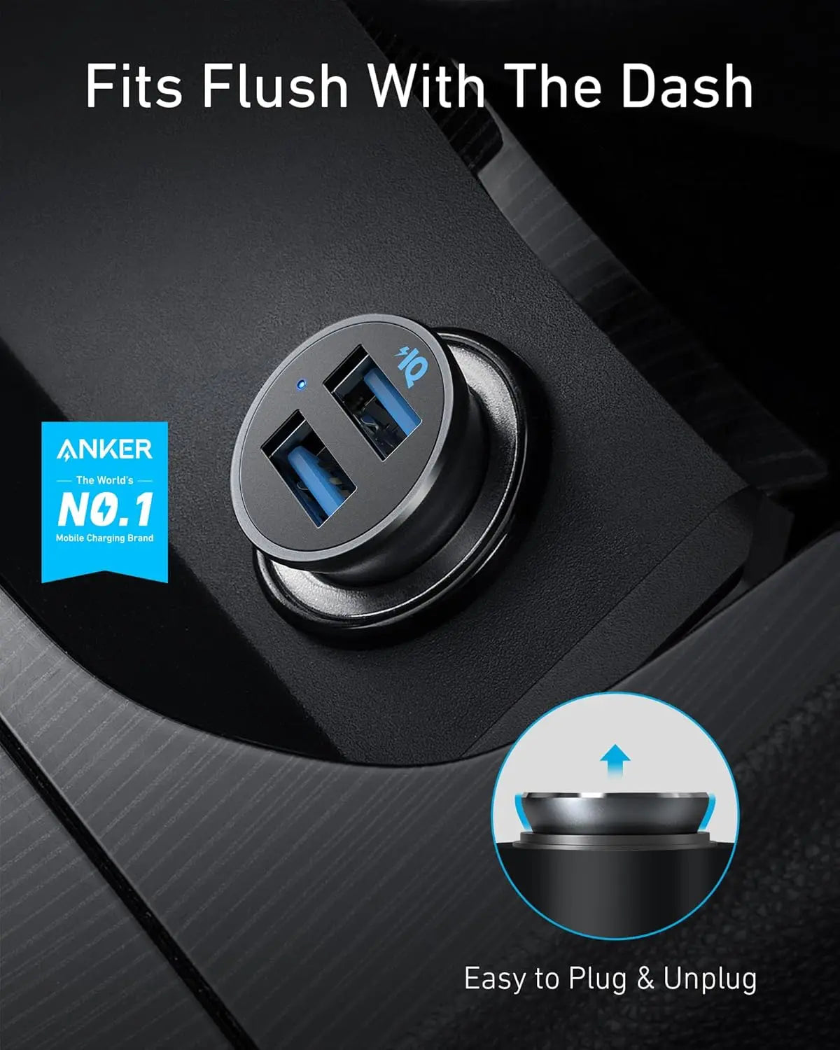 Anker 24W Car Charger Ladegerät, Mini Autoladegerät, 4.8A Duales USB Mit Blauem LED-Licht, Kompatibel Mit iPhone 16/15/14/13, iPad Pro/Air 2/Mini, Galaxy und Mehr