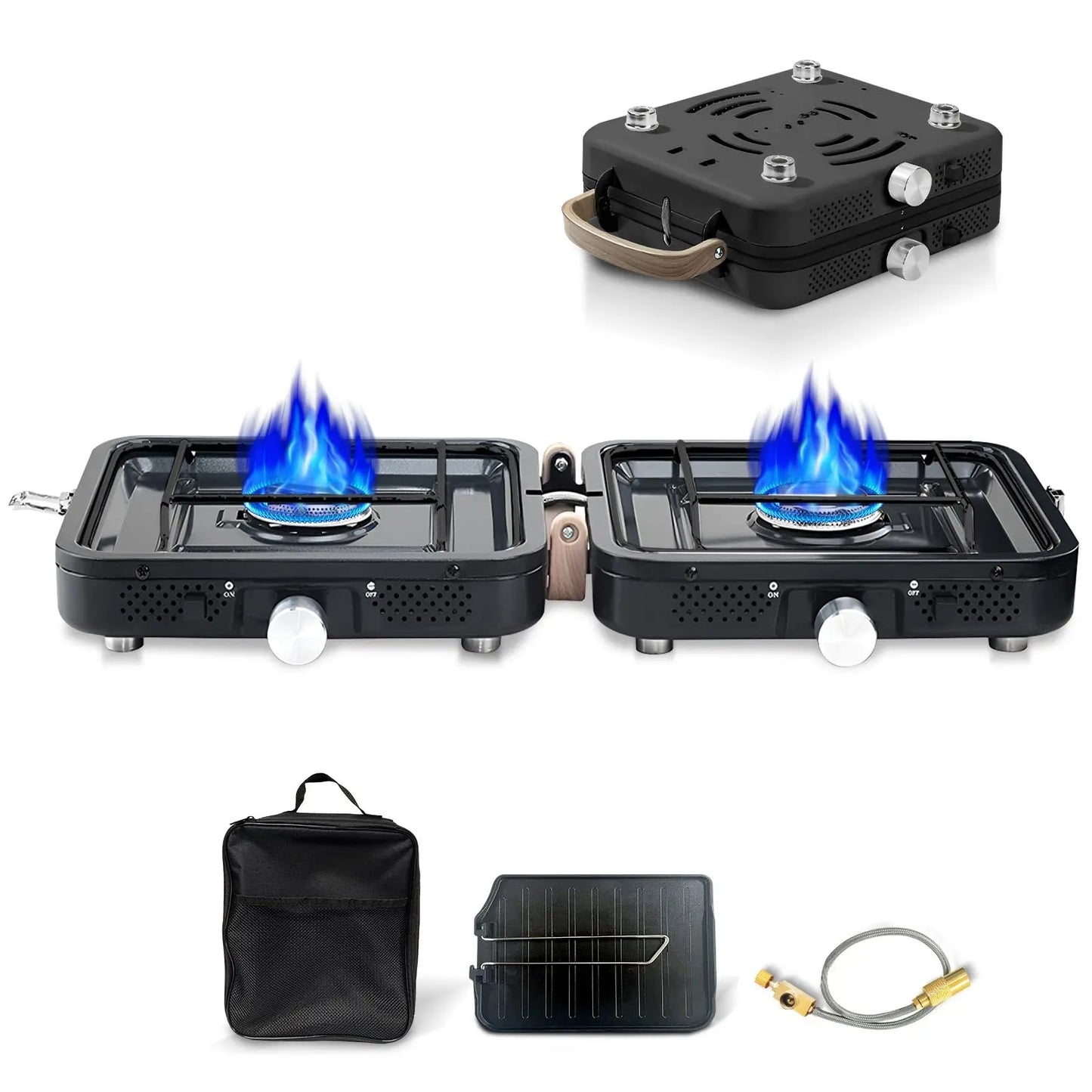 Hengriacly Campingkocher, Collapsible & Tragbare, Gaskocher 2 Flammig mit Piezo-Zündung, inkl. Grillplatte & Gasschlauch, für Outdoor BBQ, Wandern & Notfälle, Butan