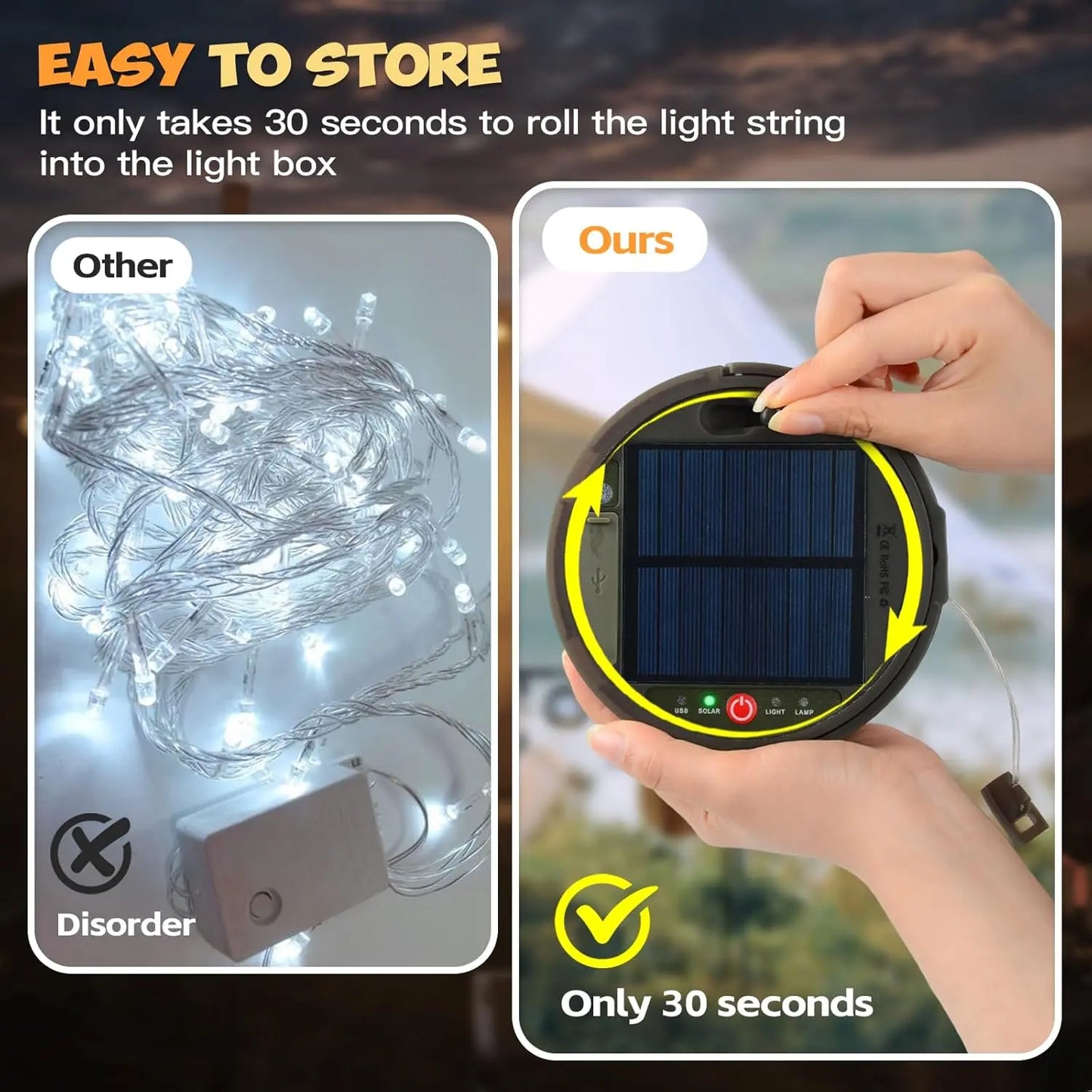 Camping Lichterkette Aufrollbar, 12M Solar Camping Lichterkette Außen, Wiederaufladbar über USB, IP65 Wasserdichte Camping Lichterkette, 120LED Tragbare Campinglampe für Camping, Garten, Wandern