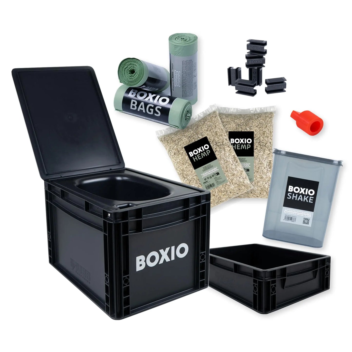 BOXIO - Toilet Plus: Campingtoilette Starter Kit mit Hemp, Plug & Bags, Mobile Trockentrenntoilette ohne Chemie für Camping, Van, Outdoor, Dachzelt: Toilette auf Eurobox Basis ohne Strom für unterwegs