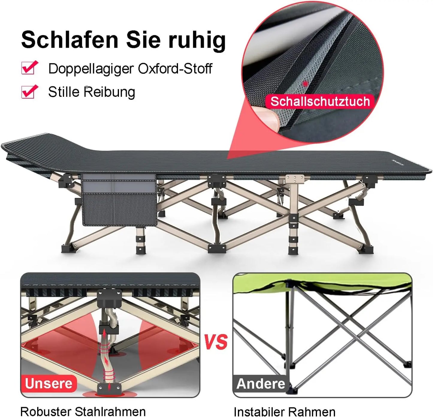 Campingbett feldbett klappbar, Faltbar Gästebett bis 200 kg für, Extra Breit Faltbar Klappbett Feldbett Campingbett für Outdoor Garten Innen