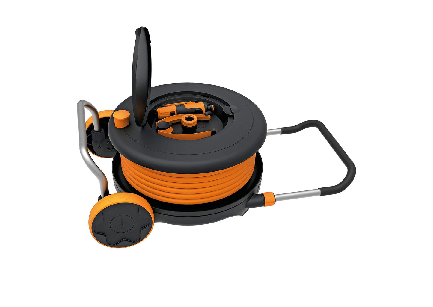 Fiskars Waterwheel S, All-Inclusive-Bewässerungs-Set, 15 m Gesamtreichweite, Gartenschlauch in Universalgröße (Ø 9 mm), Universal-Hahnverbinder, Schwarz/Orange, 1020436
