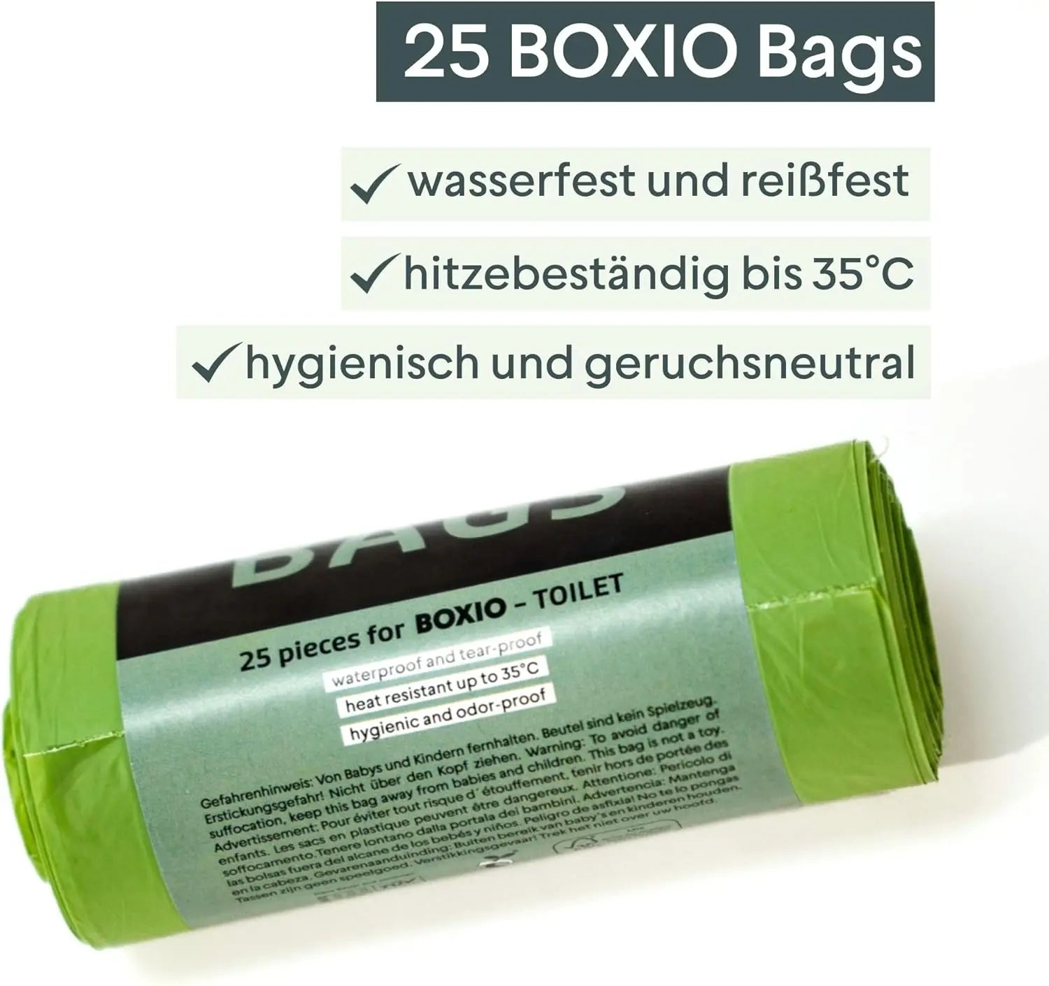 BOXIO - Bags, 25 Bio Müllbeutel für Campingtoilette, kompostierbare Beutel für Trockentoilette, 10 l WC Beutel, Blackout, grün