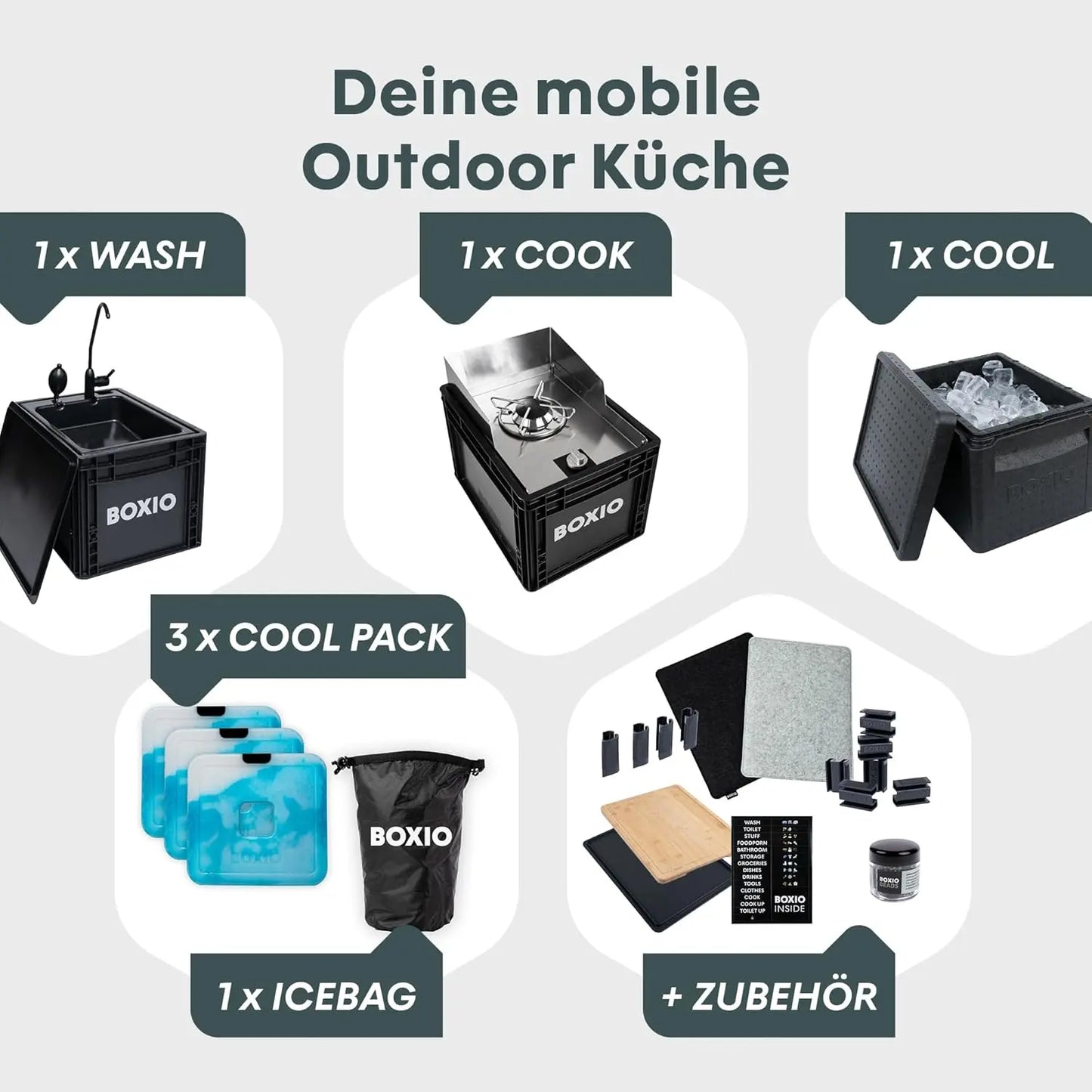 BOXIO - Kitchen Bundle: Mobile Campingküche ohne Strom mit Kochbox, Waschbecken & Gaskocher mit Outdoor Zubehör Schneidbrett, Kühlakkus, Sitzkissen UVM. Perfekte All-in-one Lösung