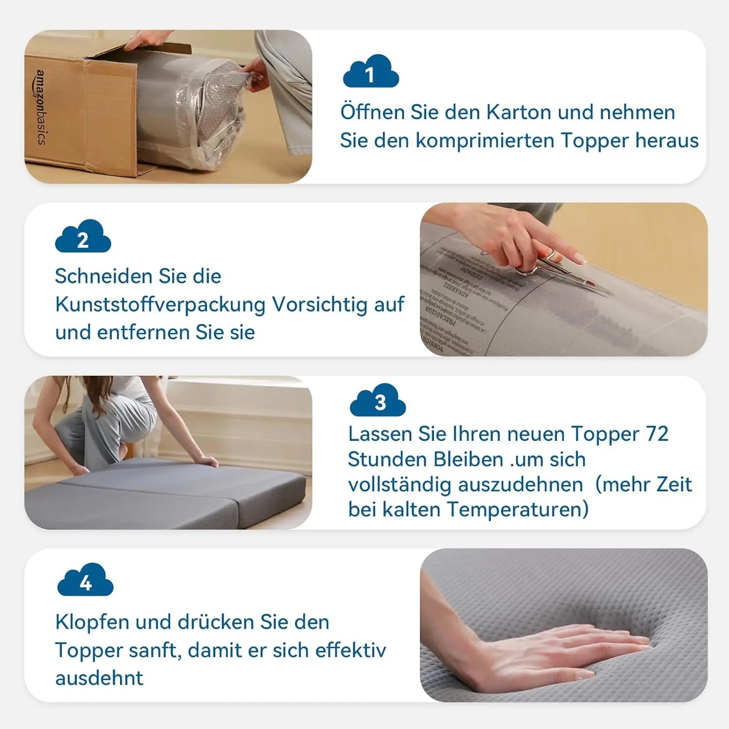 Amazon Basics Faltbare Memoryschaum Gästematratze mit Bezug, Mittel Fest, 120 x 195 x 10 cm, Grau