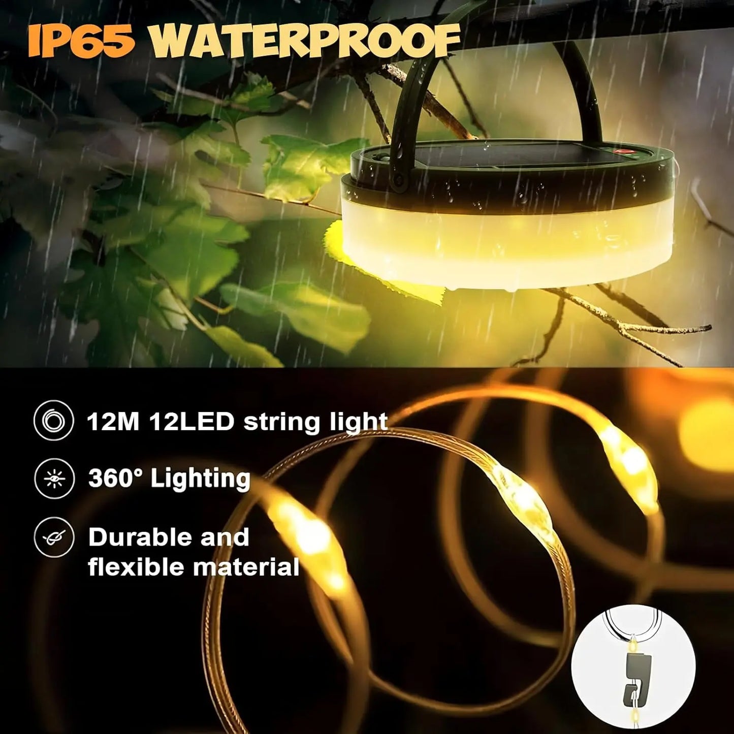 Camping Lichterkette Aufrollbar, 12M Solar Camping Lichterkette Außen, Wiederaufladbar über USB, IP65 Wasserdichte Camping Lichterkette, 120LED Tragbare Campinglampe für Camping, Garten, Wandern