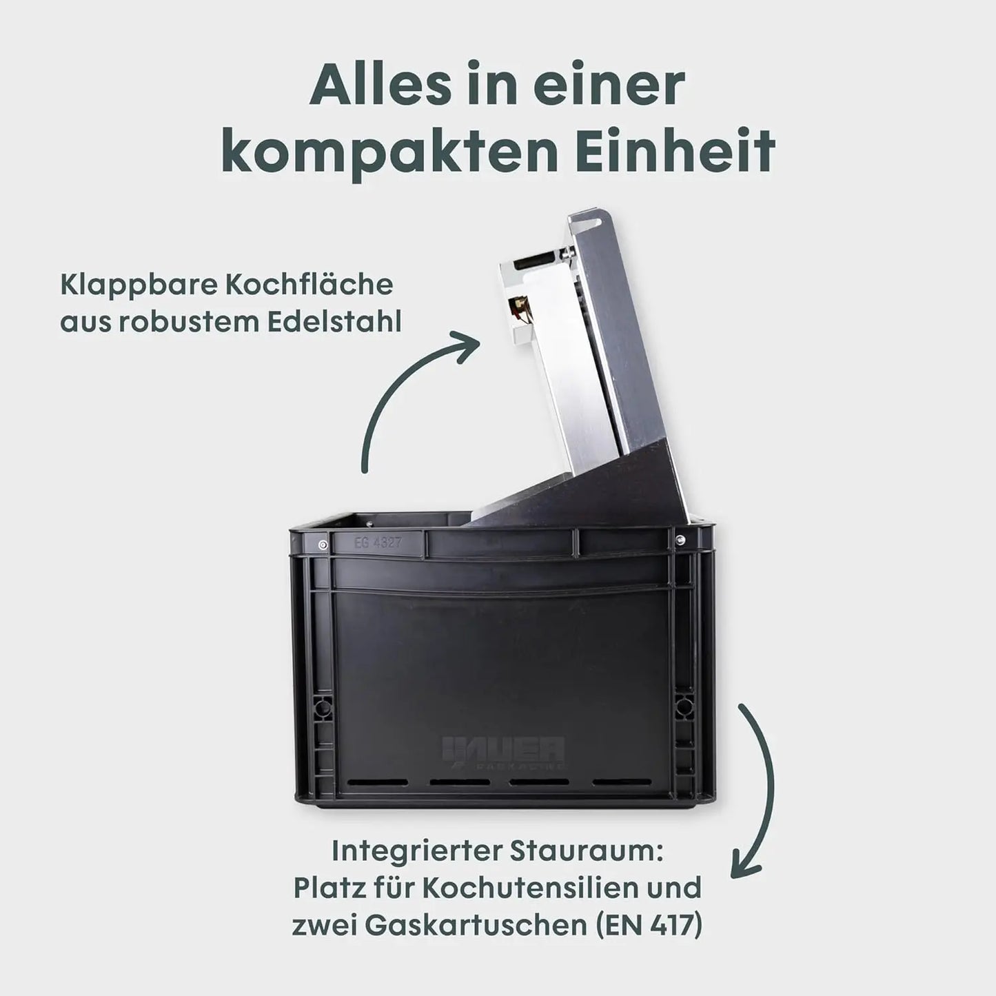 BOXIO - COOK: Edelstahl All-in-One Campingkocher mit Stauraum & Windschutz, Gaskartuschen Campingkocher für Camping, Outdoor, Vanlife & als Kartuschenkocher im mobilen Verkaufsstand auf dem Markt