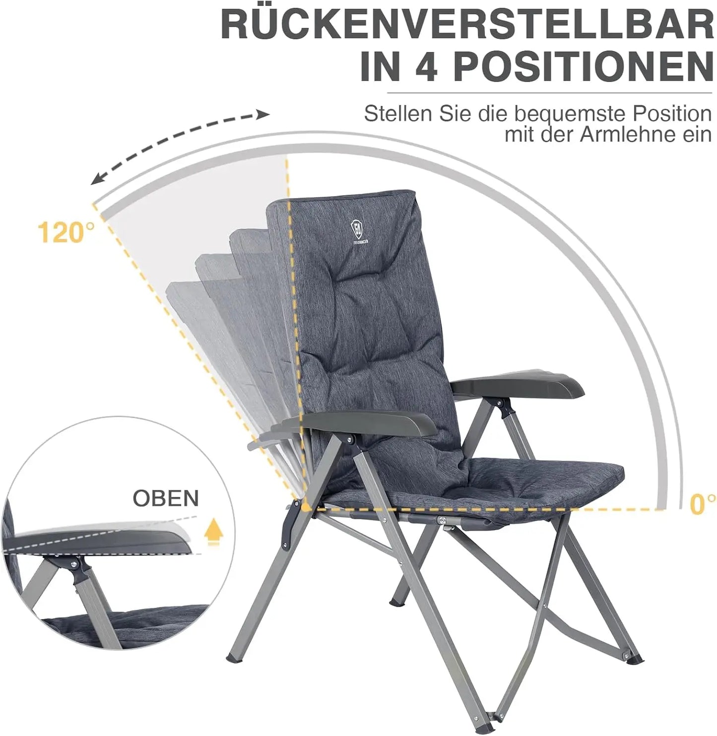 EVER ADVANCED Campingstuhl Faltbar Rückenverstellbar in 4 Positionen 150 KG Belastbarkeit Klappstuhl Luxus 6cm Dicke Gepolstert Gartenstuhl Hohe Lehne Angelstuhl für Camp Garten Balkon Alu+Stahl