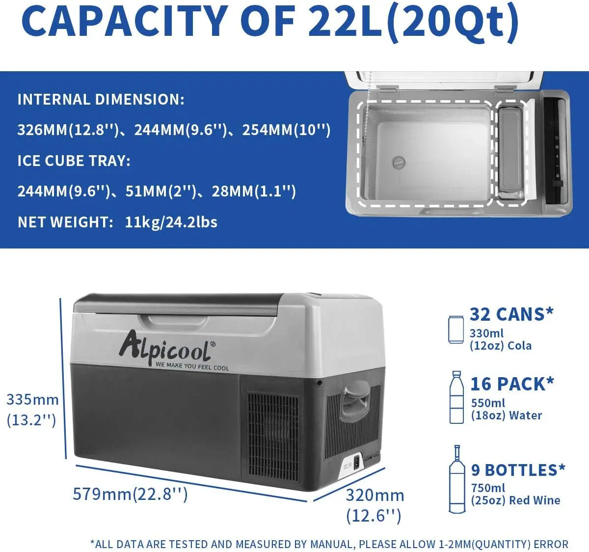 Alpicool G22 22L Kompressor Kühlbox Mini Kühlschrank Elektrische Tragbare Camping-Kühlbox Gefrierbox 12/24v für Auto, Lkw, Boot, -20℃-20℃