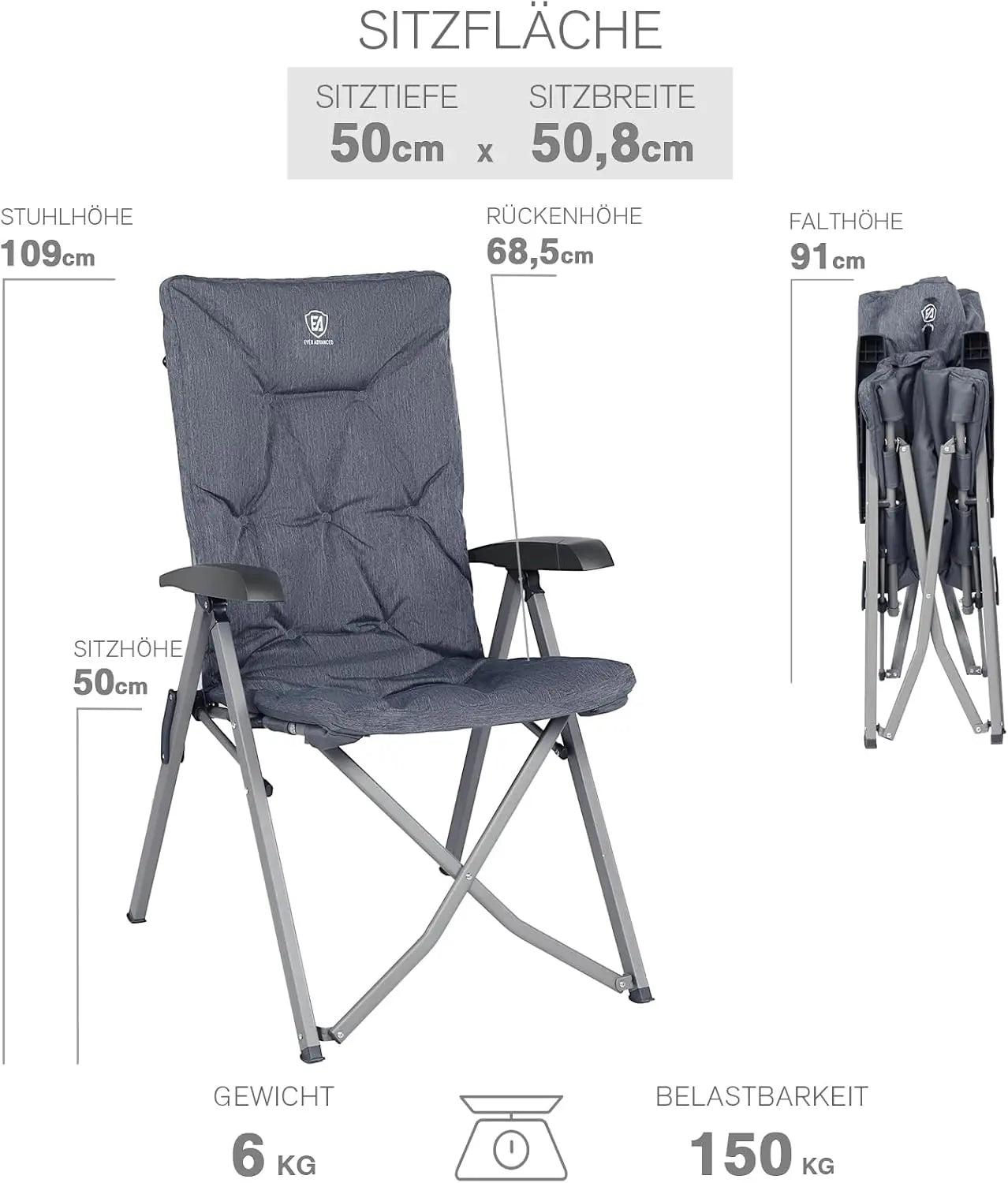 EVER ADVANCED Campingstuhl Faltbar Rückenverstellbar in 4 Positionen 150 KG Belastbarkeit Klappstuhl Luxus 6cm Dicke Gepolstert Gartenstuhl Hohe Lehne Angelstuhl für Camp Garten Balkon Alu+Stahl