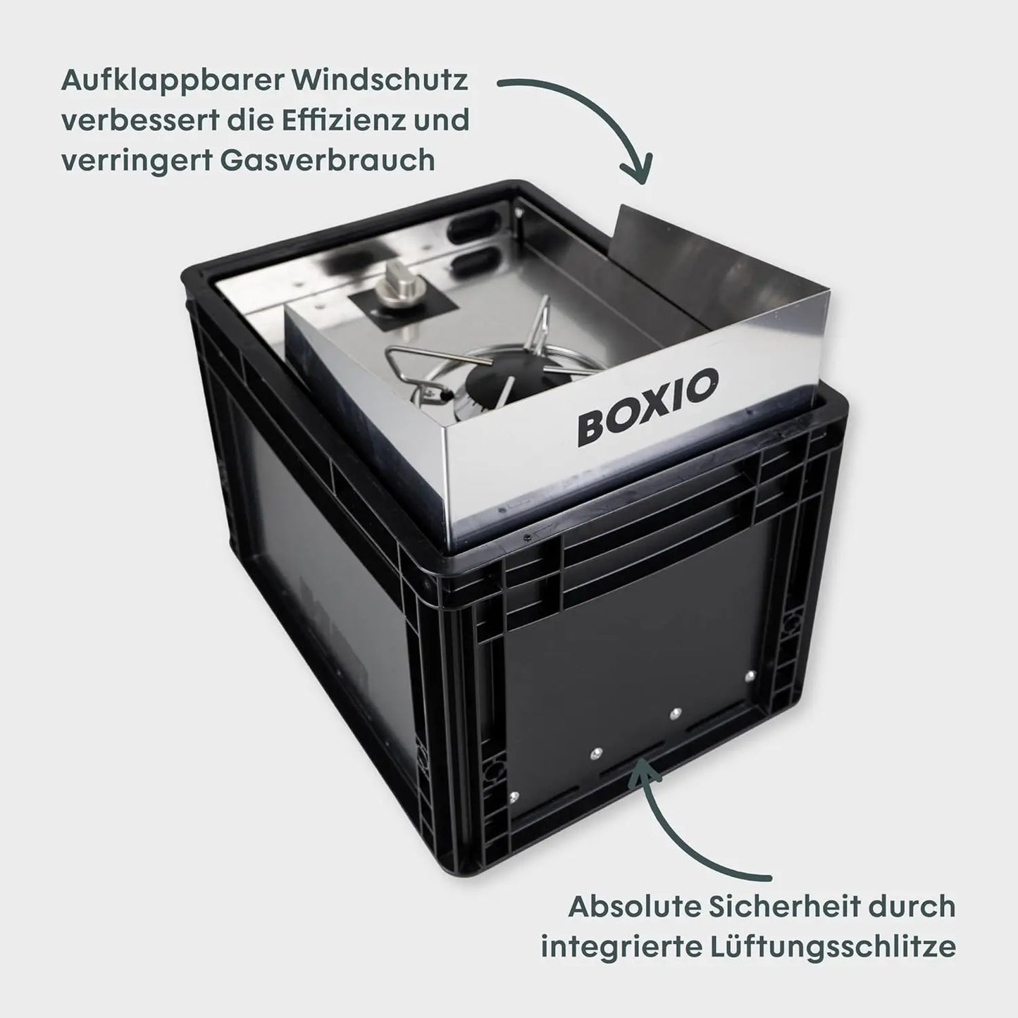 BOXIO - COOK: Edelstahl All-in-One Campingkocher mit Stauraum & Windschutz, Gaskartuschen Campingkocher für Camping, Outdoor, Vanlife & als Kartuschenkocher im mobilen Verkaufsstand auf dem Markt