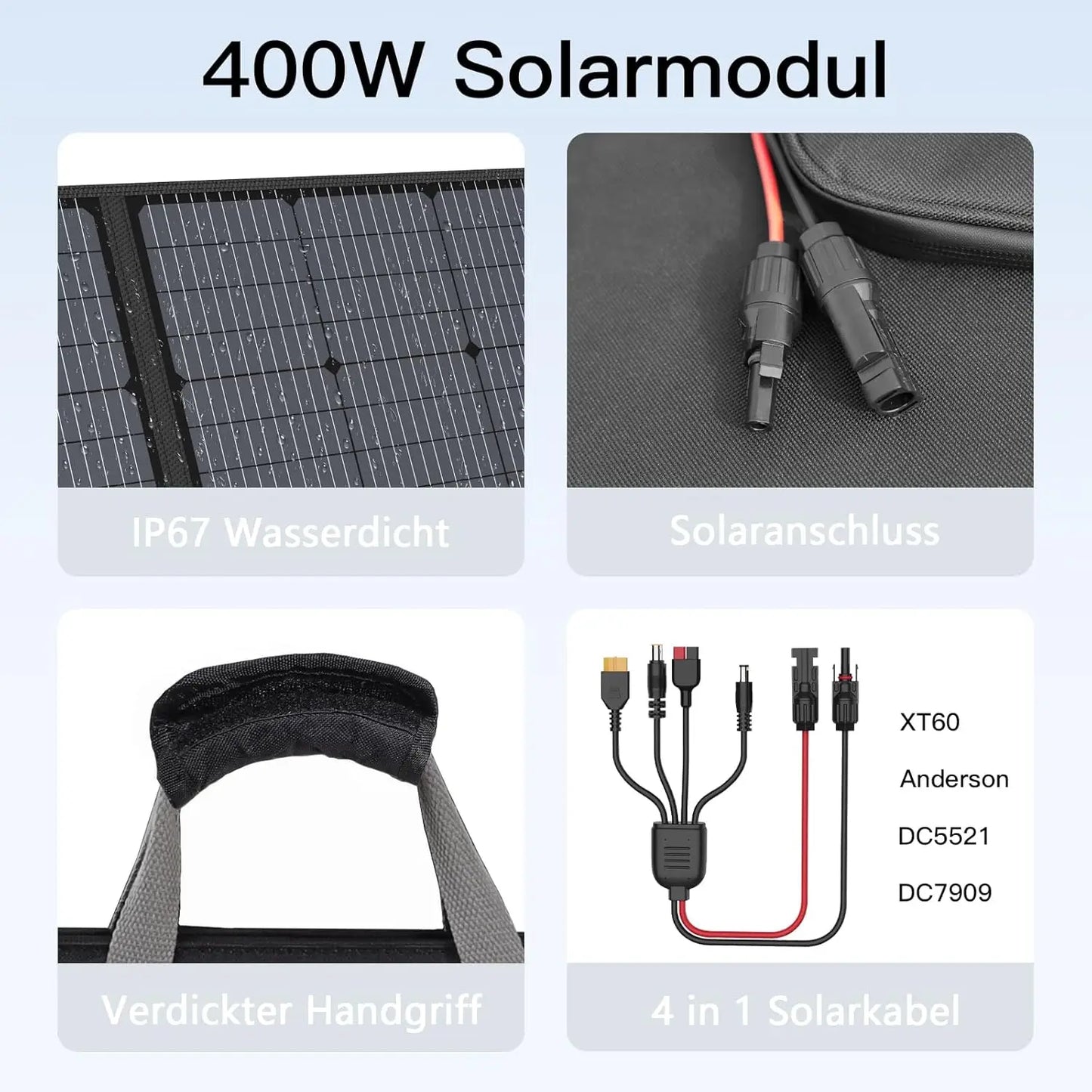 400W Tragbare Solarpanel, Faltbare Solarmodul Kit komplett mit einem verstellbaren Kickstand, Wasserdicht IP67 für Outdoor Camping Portable Power Station Wohnmobil RV Garten Balkon