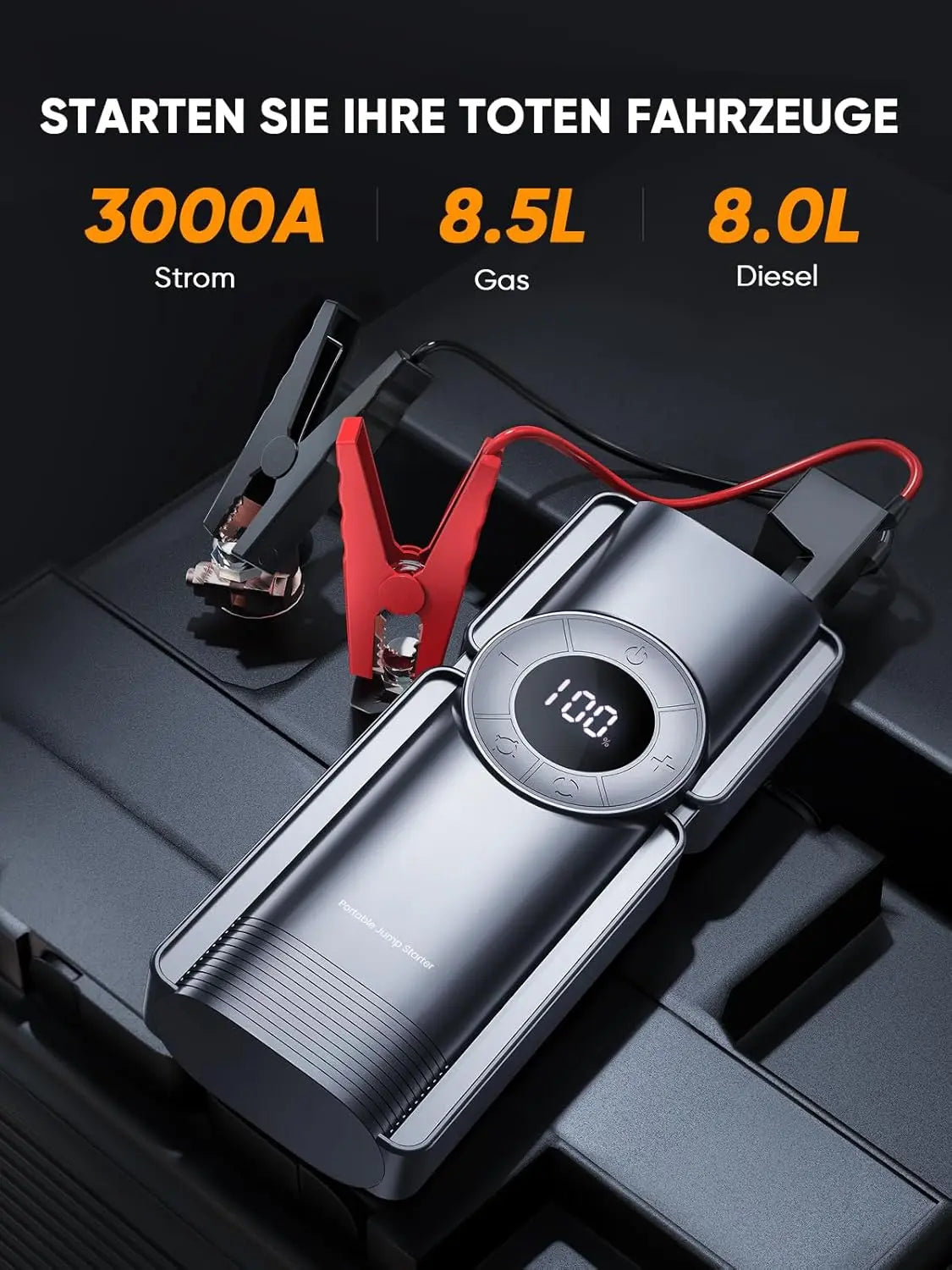 Auto Starthilfe Powerbank mit Luftkompressor, 150PSI 3000A Spitzenstrom Starthilfe Powerbank für 8.5L Benzin und 8.0L Dieselmotor, Starthilfe mit LED-Taschenlampe