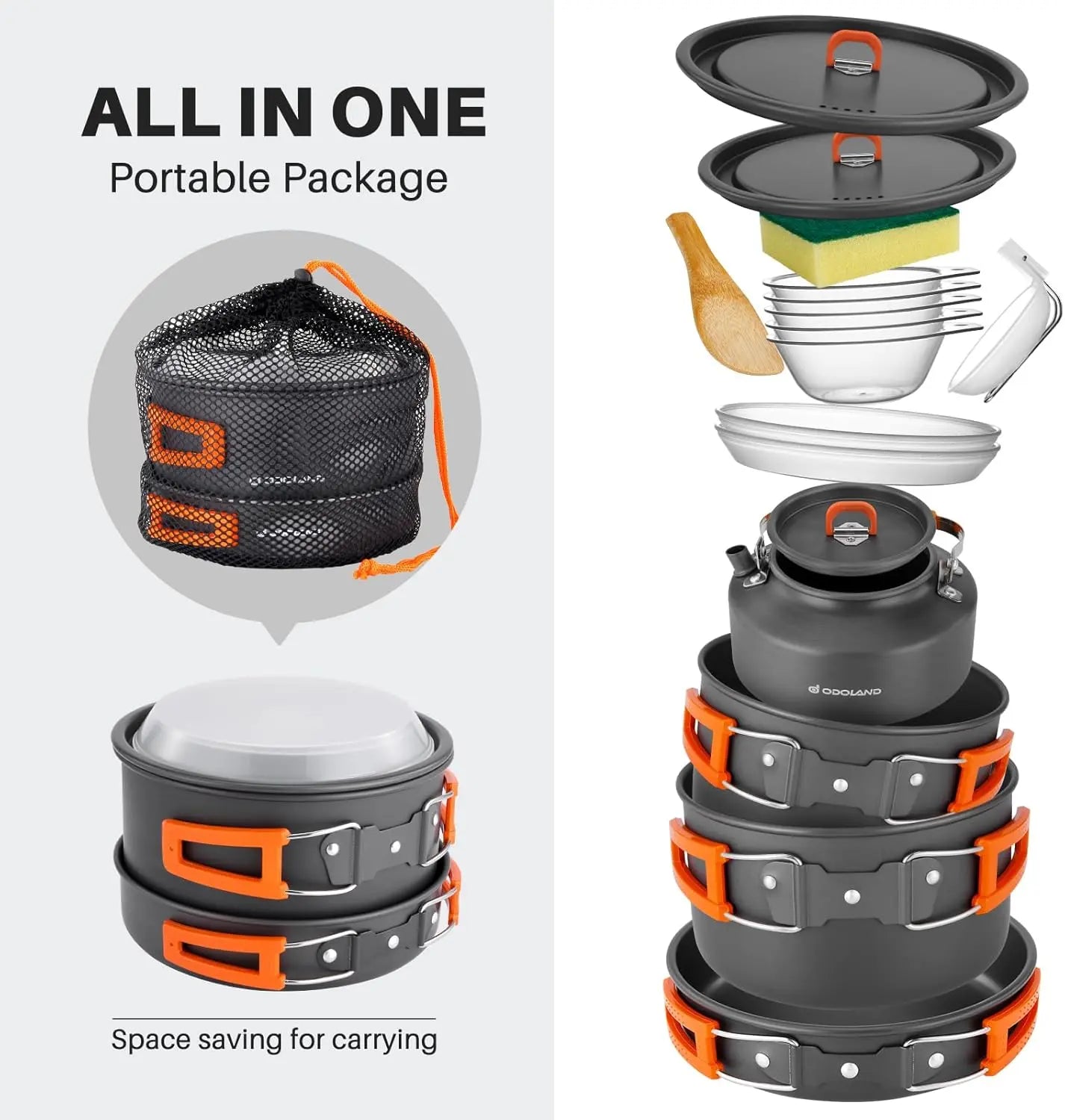 Odoland Camping Geschirr Set 15 Teilig, Outdoor Kochgeschirr Set mit 2 Topfe, Bratpfanne und Wasserkocher Camping Kochtopf Set, Kochgeschirr Aluminium für 4-5 Personen
