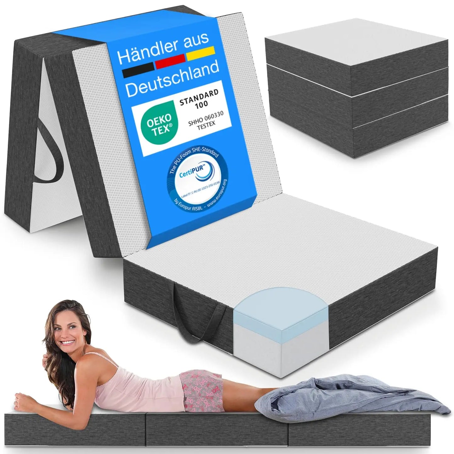 Premium Visco Klappmatratze 120x200 cm, extra hoch 15 cm, Gästematratze klappbar, Faltmatratze, Faltbare Matratze, Bandscheibenwürfel, Reisematratze, Gästebett klappbar, Klappbett waschbar