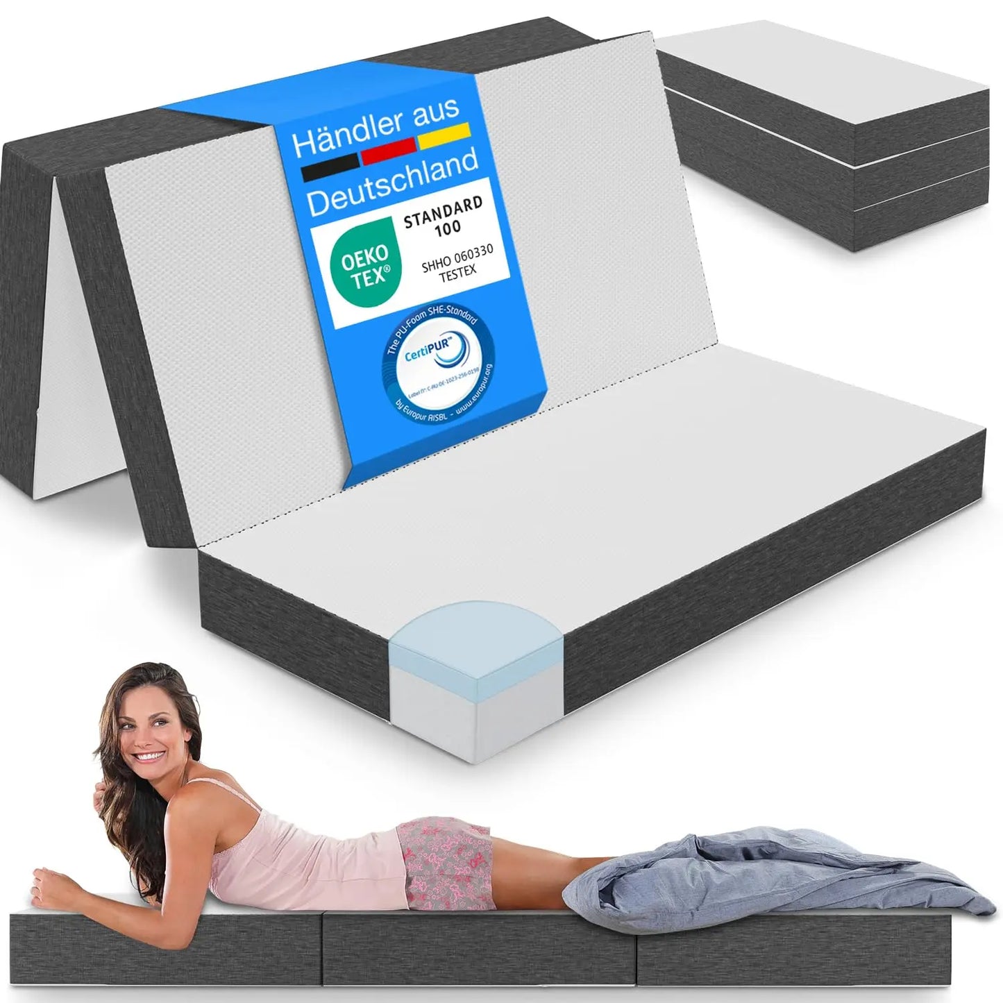 Premium Visco Klappmatratze 120x200 cm, extra hoch 15 cm, Gästematratze klappbar, Faltmatratze, Faltbare Matratze, Bandscheibenwürfel, Reisematratze, Gästebett klappbar, Klappbett waschbar