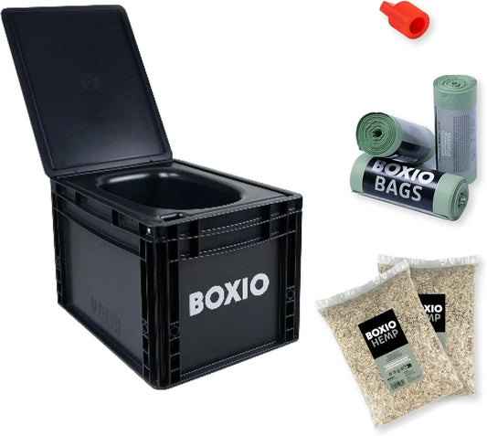 BOXIO - Toilet Plus: Campingtoilette Starter Kit mit Hemp, Plug & Bags, Mobile Trockentrenntoilette ohne Chemie für Camping, Van, Outdoor, Dachzelt: Toilette auf Eurobox Basis ohne Strom für unterwegs