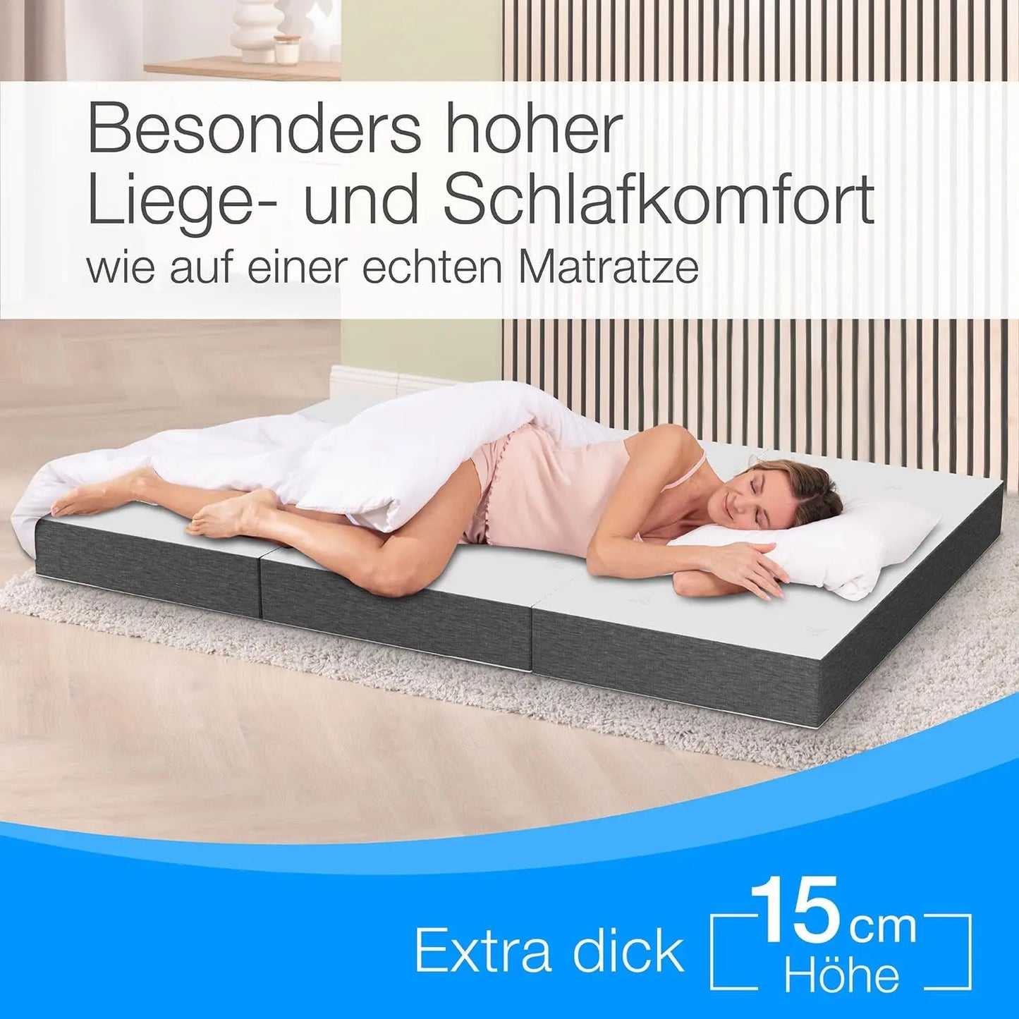 Premium Visco Klappmatratze 120x200 cm, extra hoch 15 cm, Gästematratze klappbar, Faltmatratze, Faltbare Matratze, Bandscheibenwürfel, Reisematratze, Gästebett klappbar, Klappbett waschbar