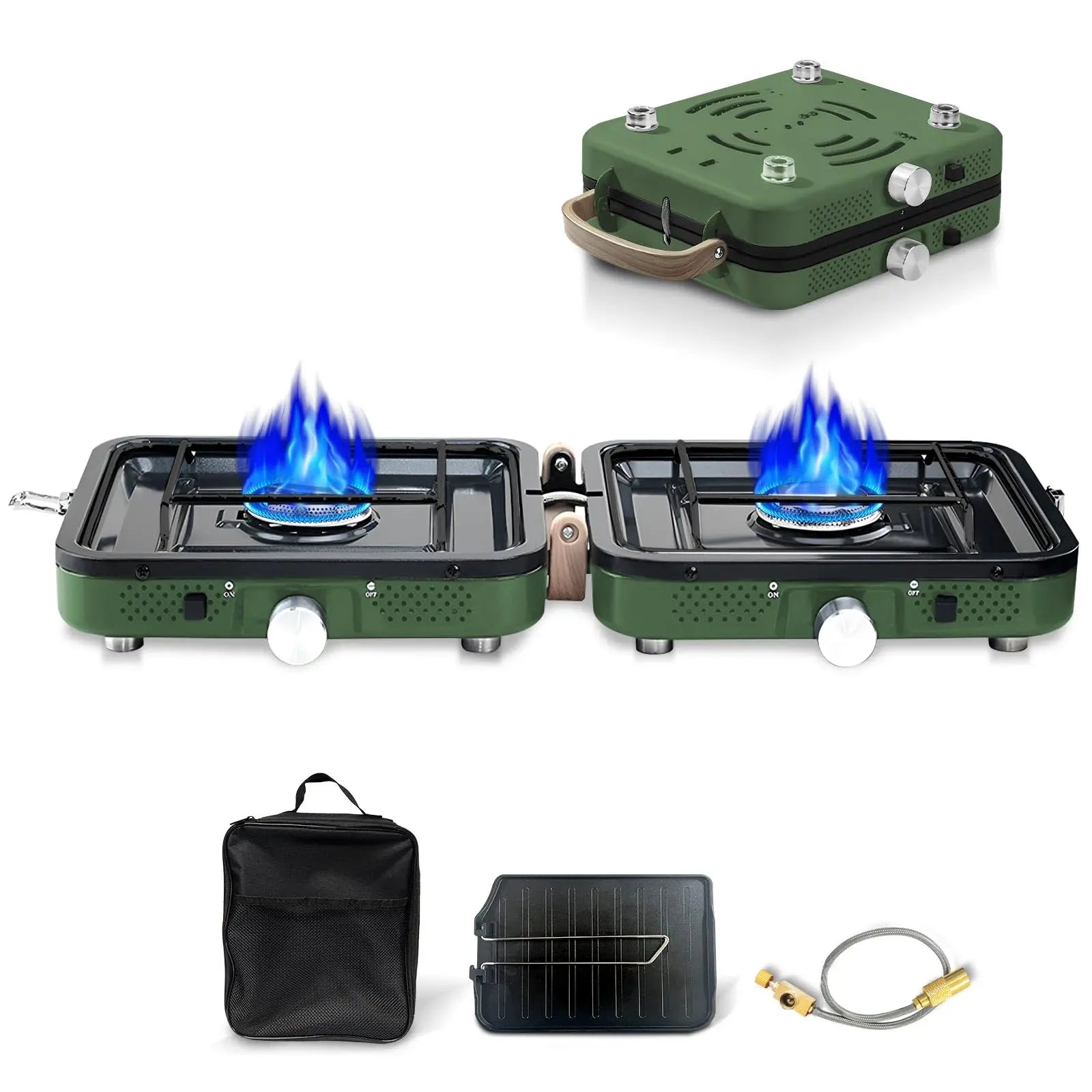 Hengriacly Campingkocher, Collapsible & Tragbare, Gaskocher 2 Flammig mit Piezo-Zündung, inkl. Grillplatte & Gasschlauch, für Outdoor BBQ, Wandern & Notfälle, Butan