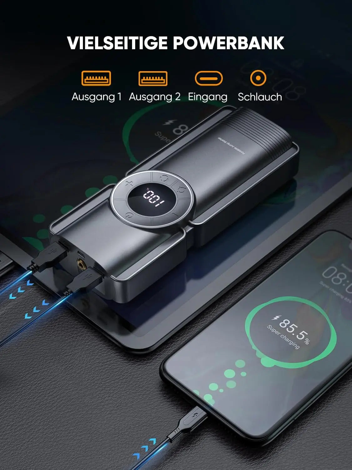 Auto Starthilfe Powerbank mit Luftkompressor, 150PSI 3000A Spitzenstrom Starthilfe Powerbank für 8.5L Benzin und 8.0L Dieselmotor, Starthilfe mit LED-Taschenlampe